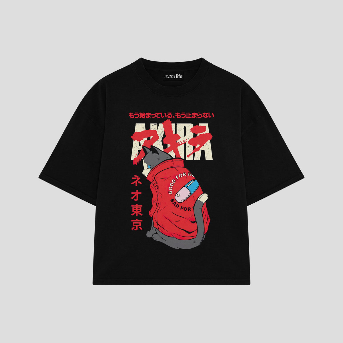Playera streetwear premium de anime y gaming ExtraLife MX, corte oversized drop shoulder ligero y fresco en color Deep Black y Off-White, moda urbana mexicana de culto.