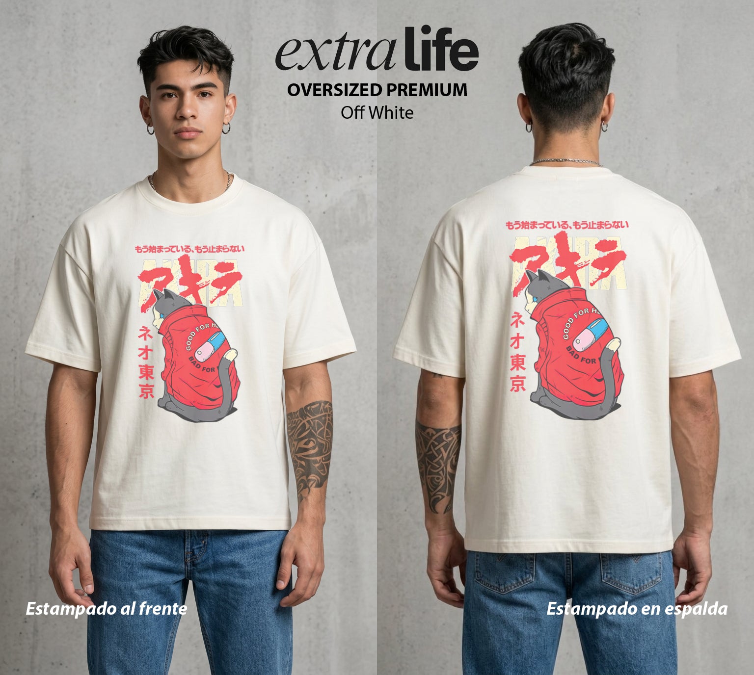 Neo Tokyo | El Gato del Poder #04702 - Playera Oversized Premium | Off White - Foto en modelo