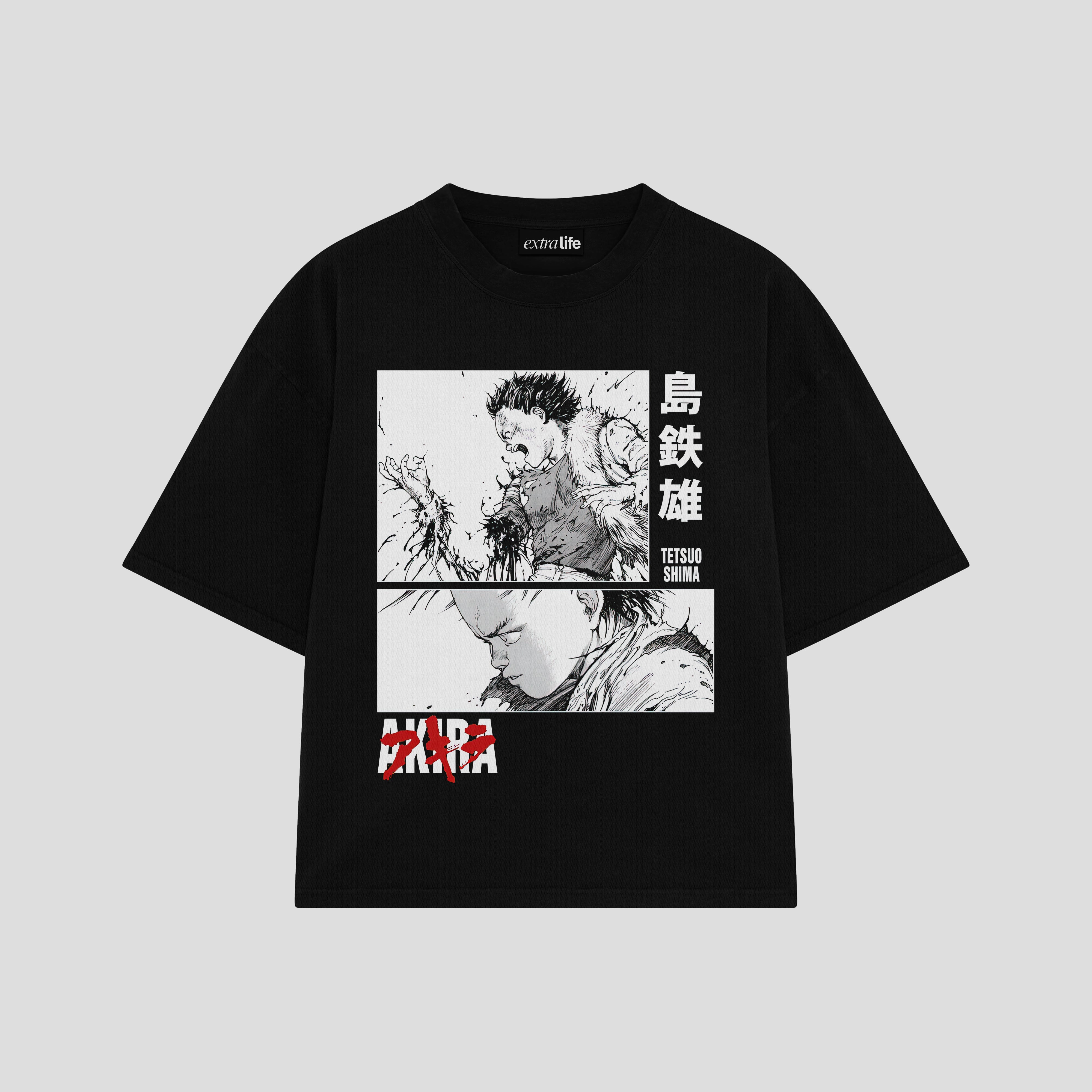 Playera streetwear premium de anime y gaming ExtraLife MX, corte boxy oversized drop shoulder heavyweight en color Deep Black y Off-White, moda urbana mexicana de culto.