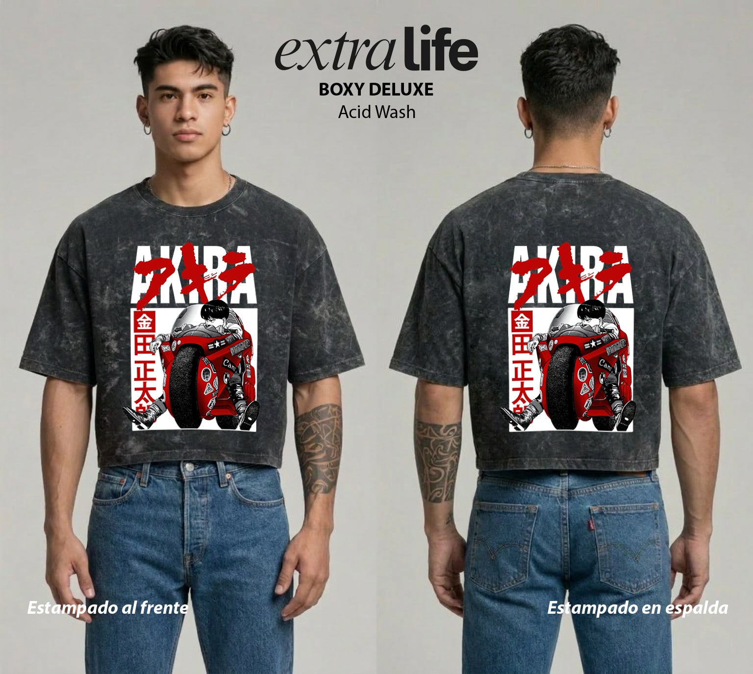 Playera streetwear premium de anime y gaming ExtraLife MX, corte boxy deluxe mineral wash heavyweight en color Acid Wash, moda urbana mexicana de culto.