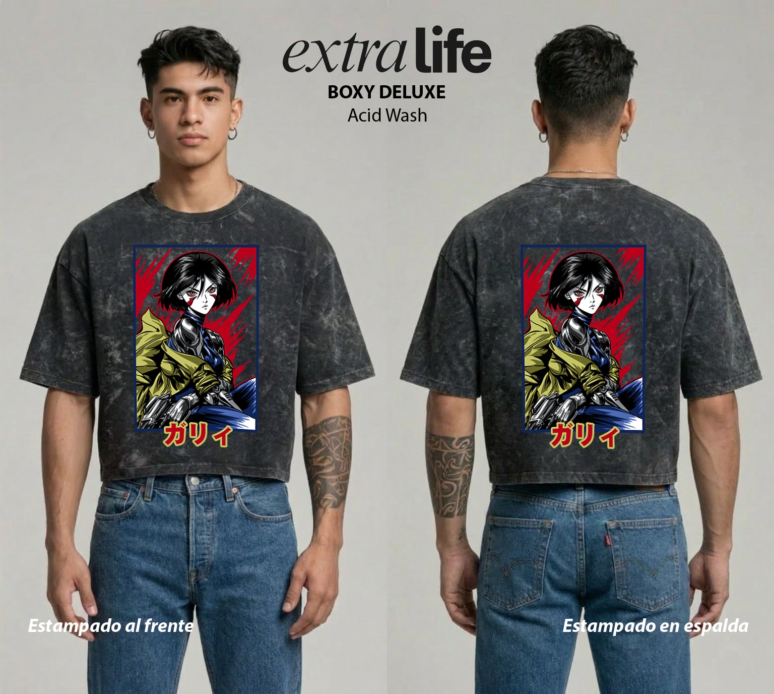 Playera streetwear premium de anime y gaming ExtraLife MX, corte boxy deluxe mineral wash heavyweight en color Acid Wash, moda urbana mexicana de culto.