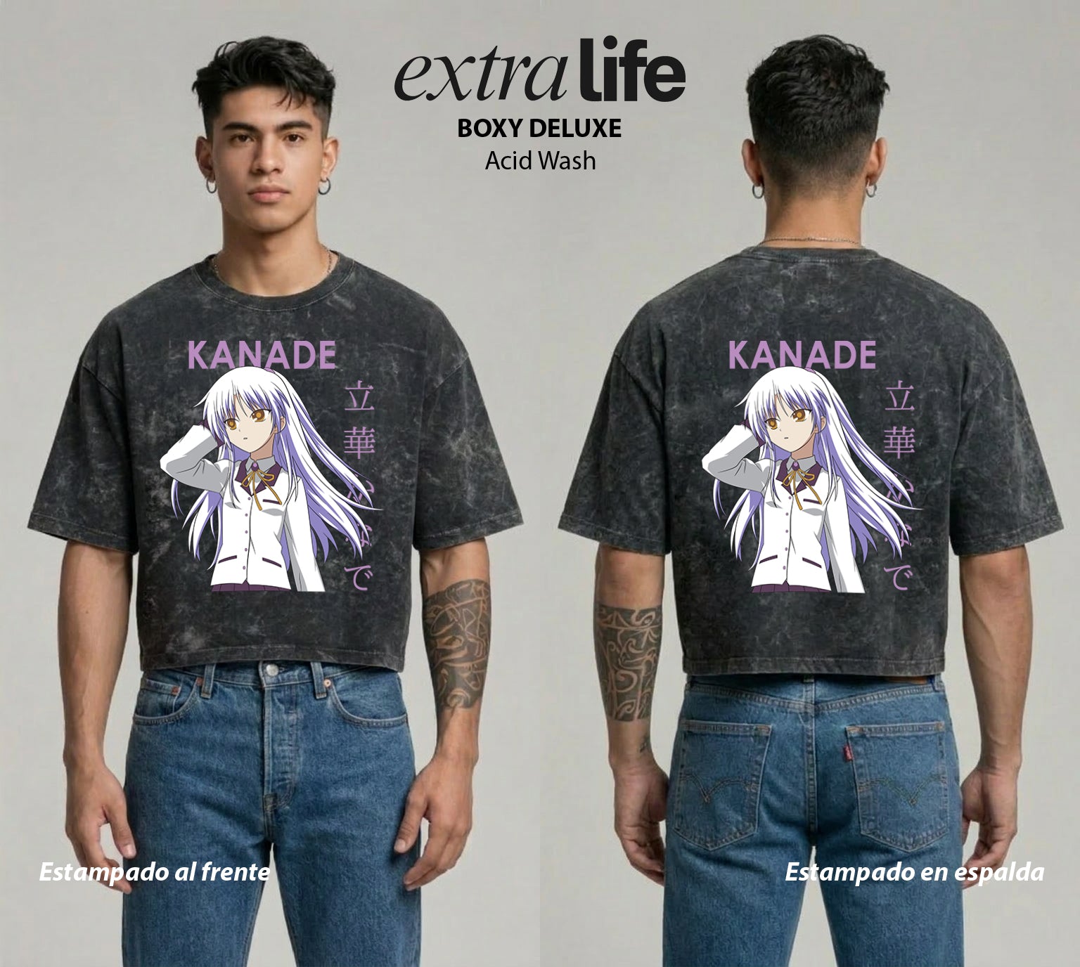 Playera streetwear premium de anime y gaming ExtraLife MX, corte boxy deluxe mineral wash heavyweight en color Acid Wash, moda urbana mexicana de culto.
