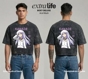 Playera streetwear premium de anime y gaming ExtraLife MX, corte boxy deluxe mineral wash heavyweight en color Acid Wash, moda urbana mexicana de culto.
