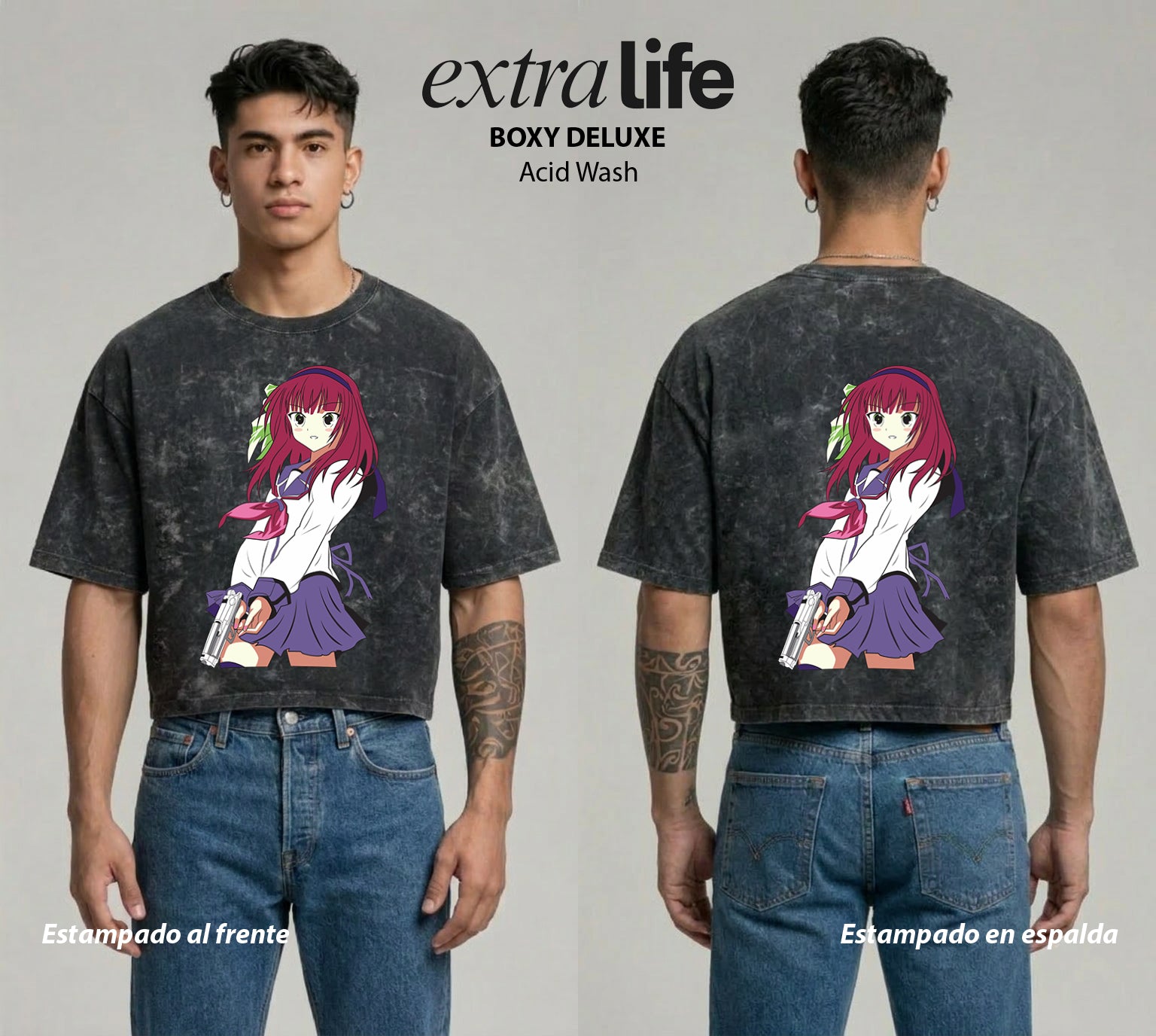 Playera streetwear premium de anime y gaming ExtraLife MX, corte boxy deluxe mineral wash heavyweight en color Acid Wash, moda urbana mexicana de culto.