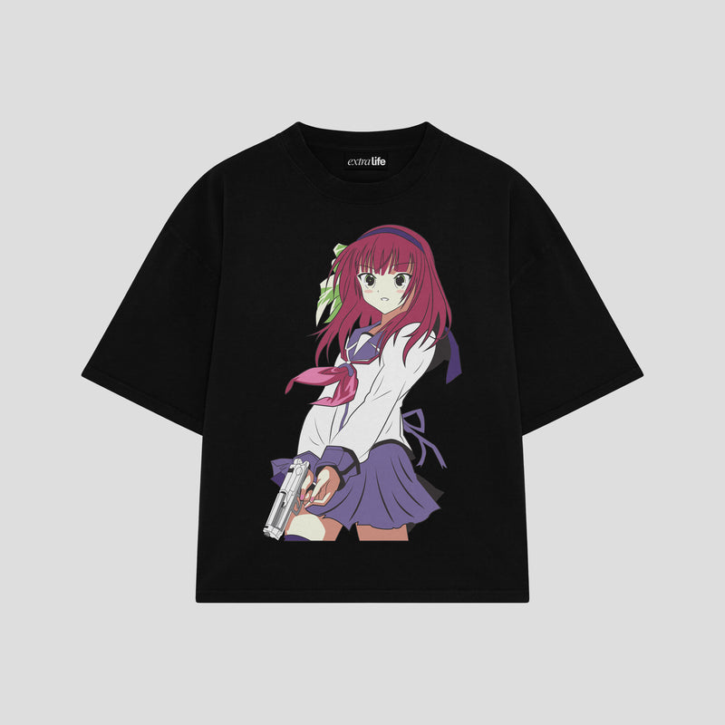 Playera streetwear premium de anime y gaming ExtraLife MX, corte boxy oversized drop shoulder heavyweight en color Deep Black y Off-White, moda urbana mexicana de culto.