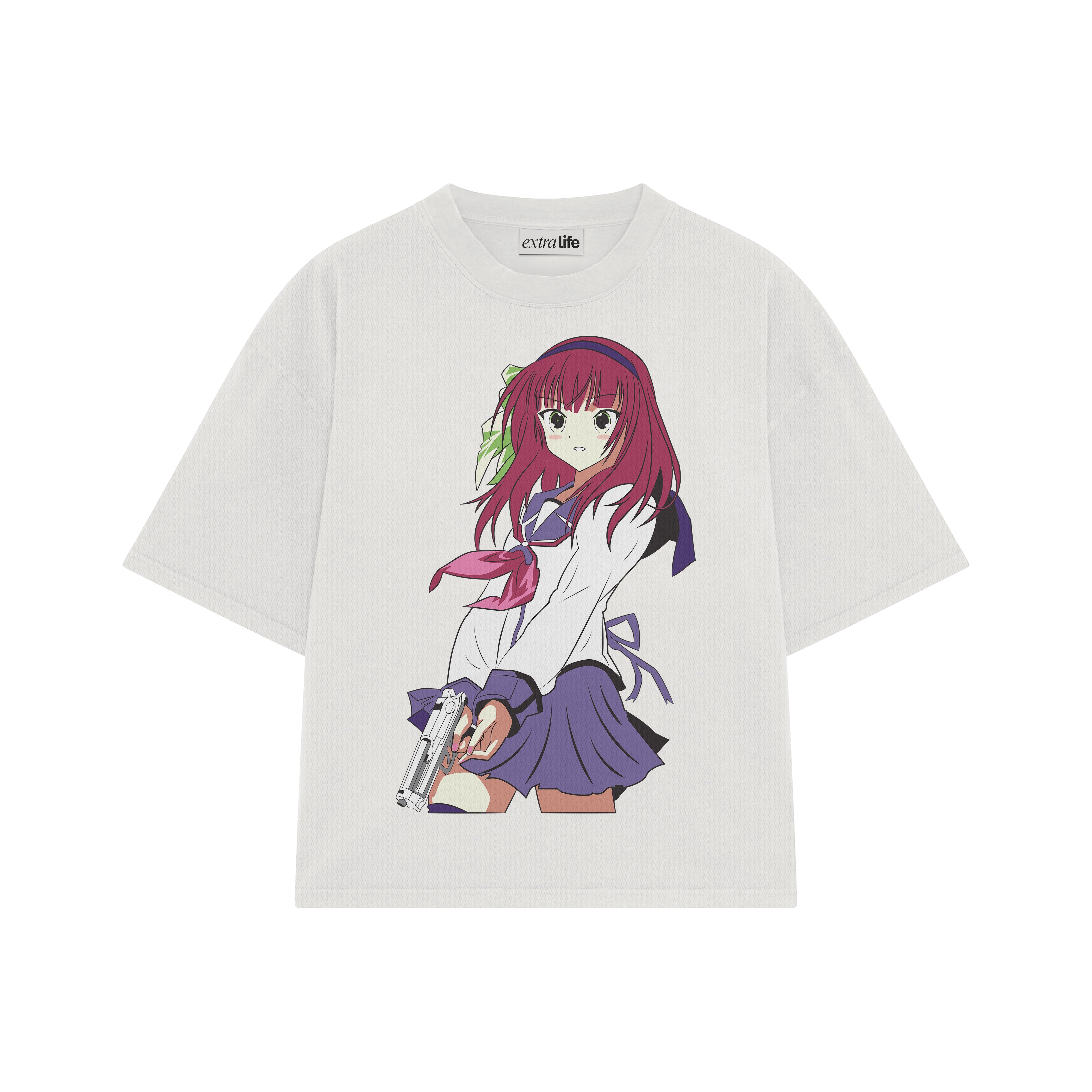 Playera streetwear premium de anime y gaming ExtraLife MX, corte boxy oversized drop shoulder heavyweight en color Deep Black y Off-White, moda urbana mexicana de culto.