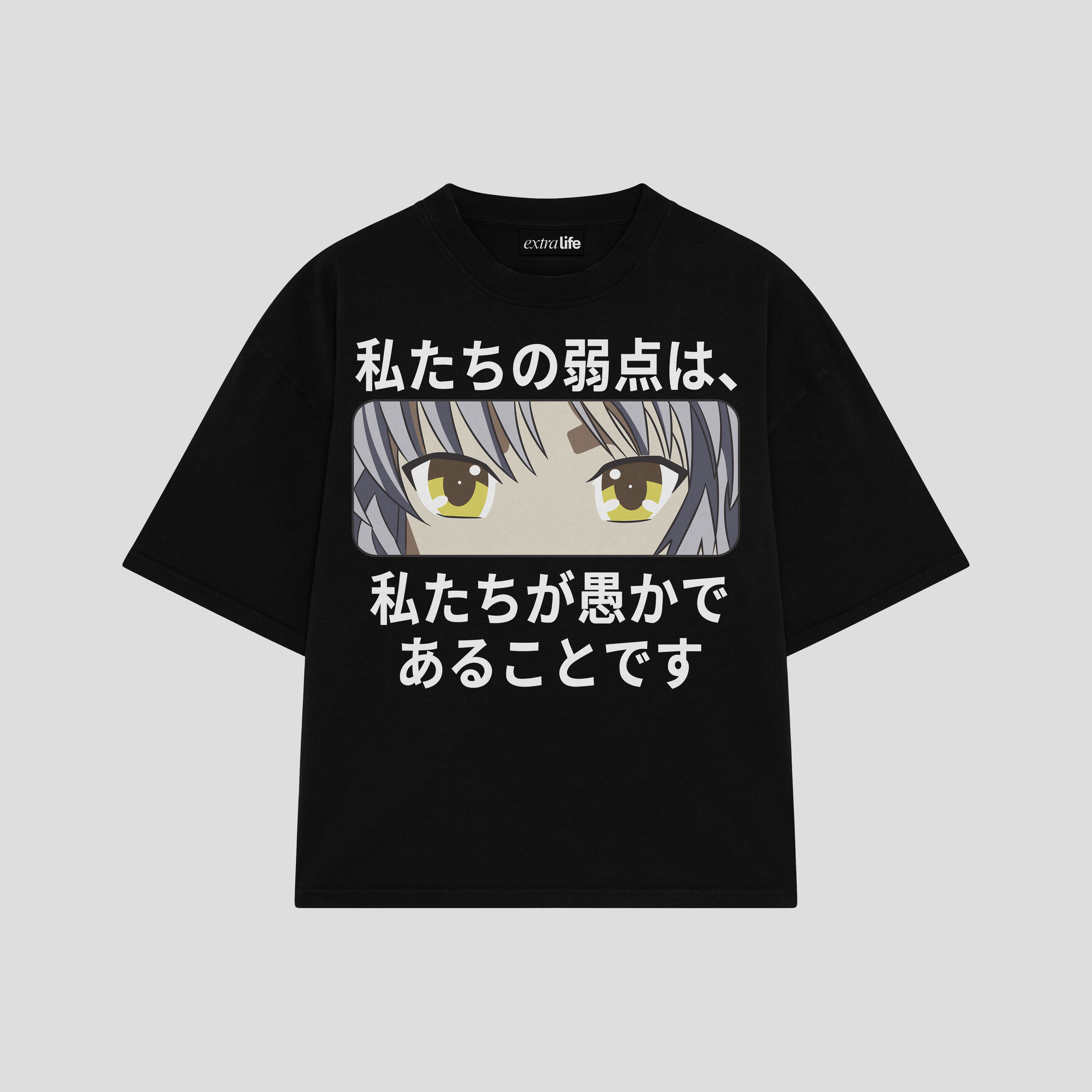 Playera streetwear premium de anime y gaming ExtraLife MX, corte boxy oversized drop shoulder heavyweight en color Deep Black y Off-White, moda urbana mexicana de culto.