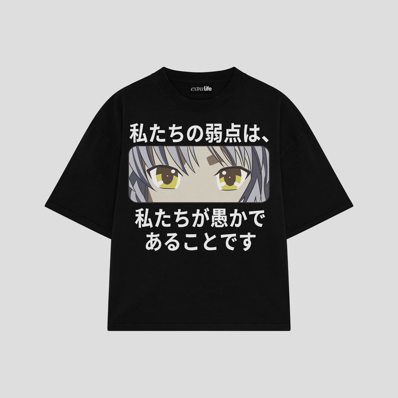 Playera streetwear premium de anime y gaming ExtraLife MX, corte boxy oversized drop shoulder heavyweight en color Deep Black y Off-White, moda urbana mexicana de culto.