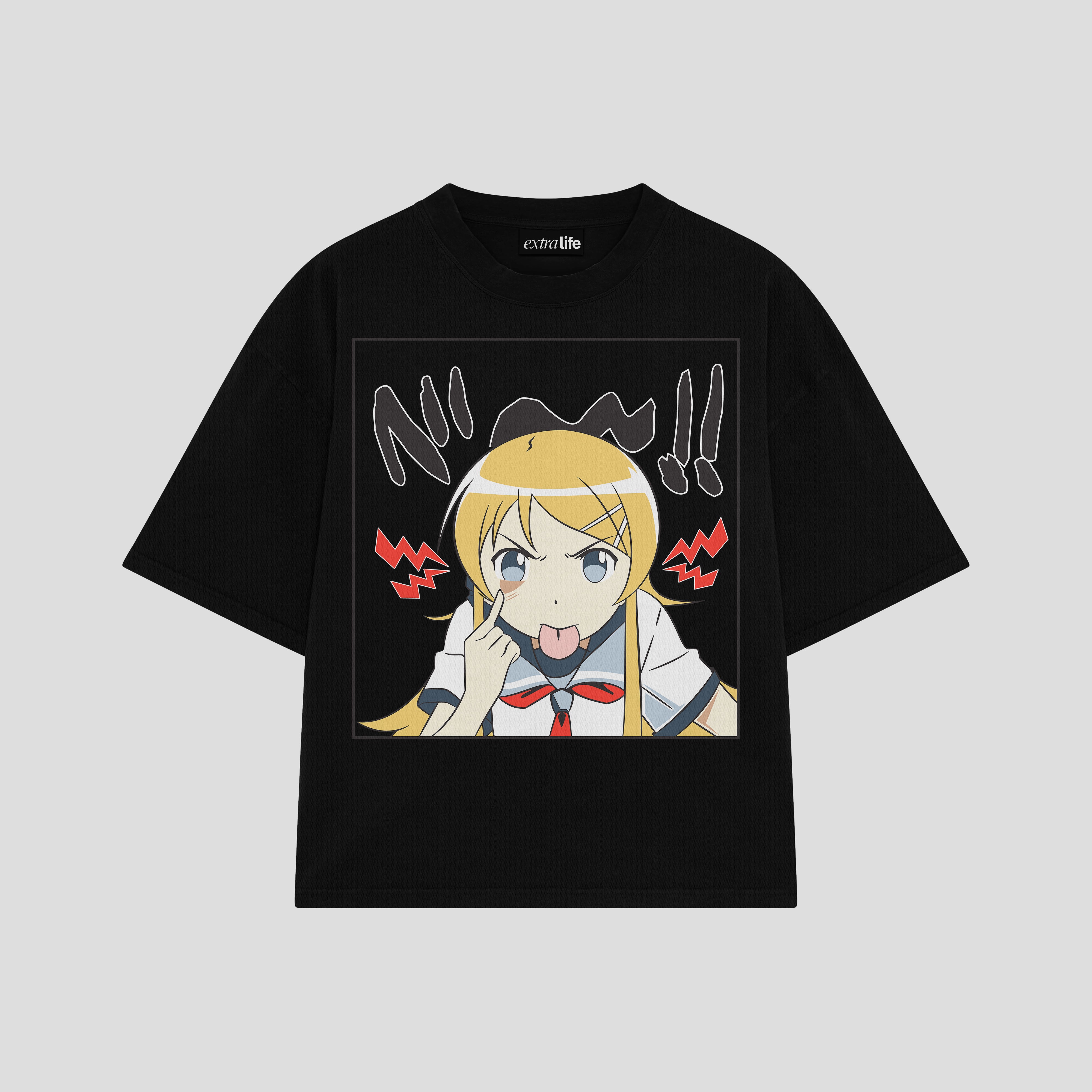 Playera streetwear premium de anime y gaming ExtraLife MX, corte boxy oversized drop shoulder heavyweight en color Deep Black y Off-White, moda urbana mexicana de culto.