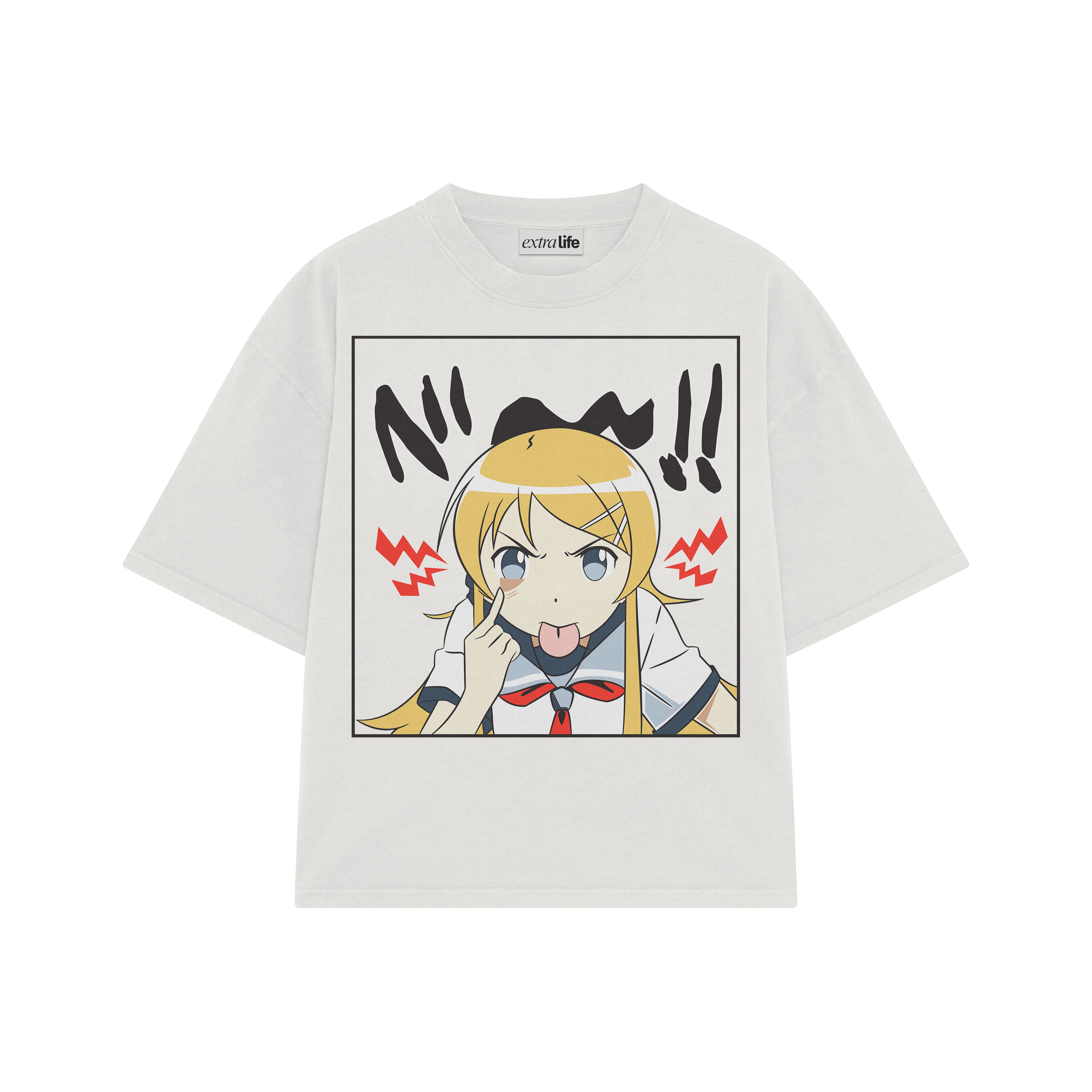 Playera streetwear premium de anime y gaming ExtraLife MX, corte boxy oversized drop shoulder heavyweight en color Deep Black y Off-White, moda urbana mexicana de culto.