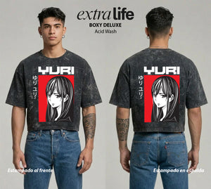 Playera streetwear premium de anime y gaming ExtraLife MX, corte boxy deluxe mineral wash heavyweight en color Acid Wash, moda urbana mexicana de culto.