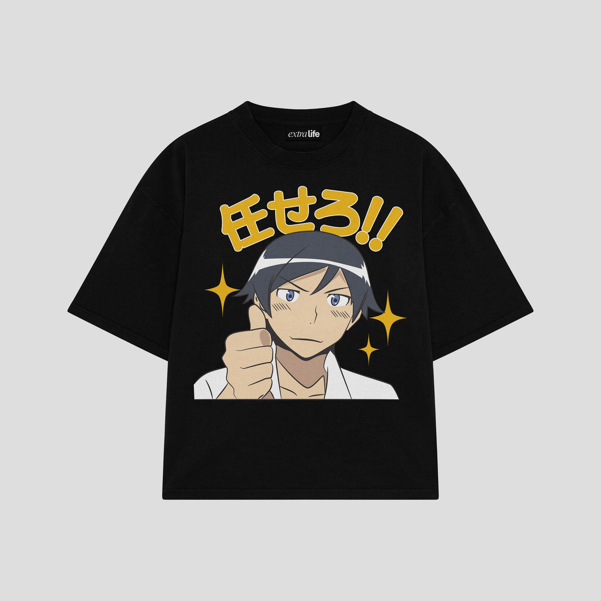 Playera streetwear premium de anime y gaming ExtraLife MX, corte oversized drop shoulder ligero y fresco en color Deep Black y Off-White, moda urbana mexicana de culto.