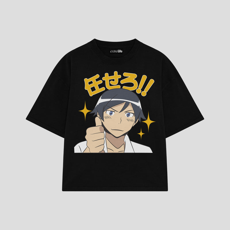 Playera streetwear premium de anime y gaming ExtraLife MX, corte boxy oversized drop shoulder heavyweight en color Deep Black y Off-White, moda urbana mexicana de culto.