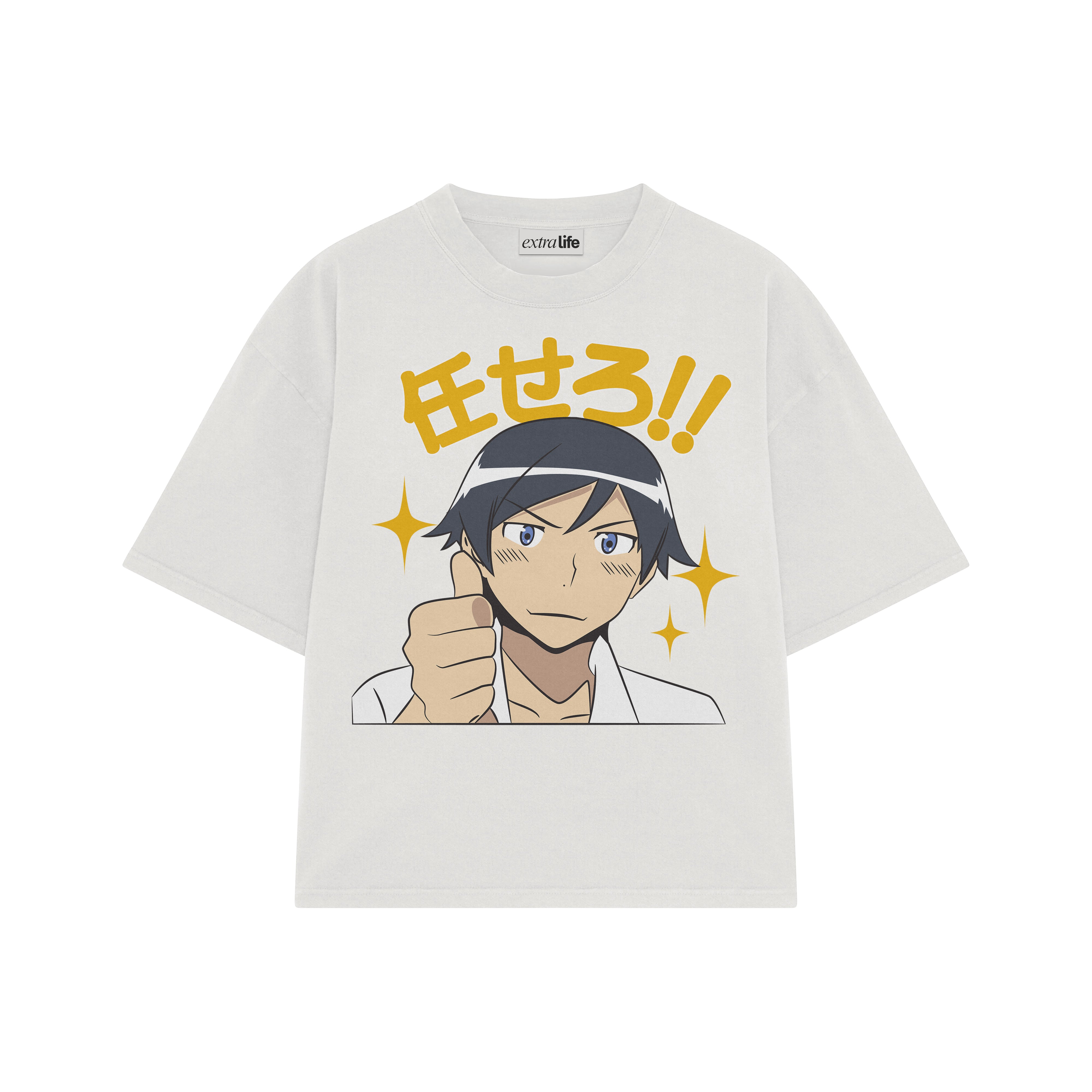 Playera streetwear premium de anime y gaming ExtraLife MX, corte boxy oversized drop shoulder heavyweight en color Deep Black y Off-White, moda urbana mexicana de culto.