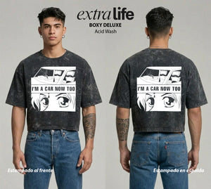 Playera streetwear premium de anime y gaming ExtraLife MX, corte boxy deluxe mineral wash heavyweight en color Acid Wash, moda urbana mexicana de culto.