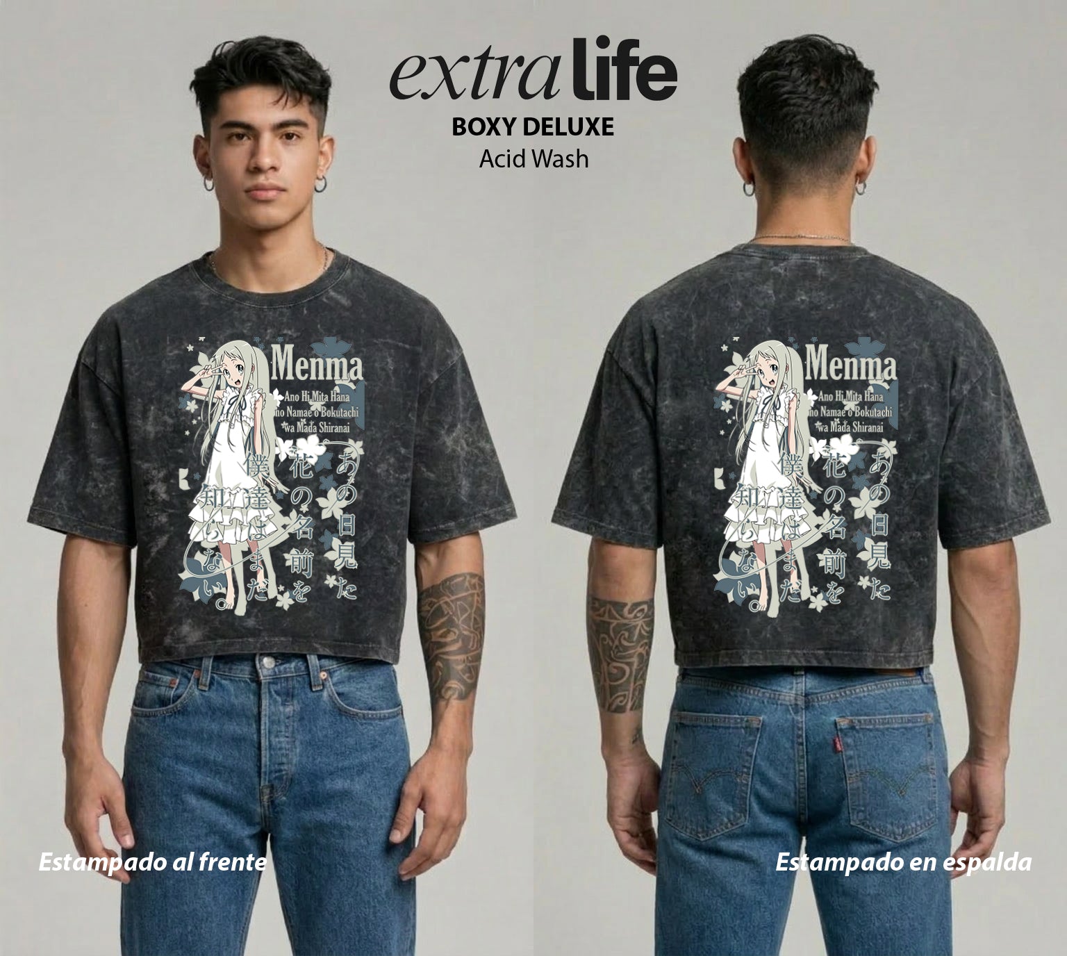 Playera streetwear premium de anime y gaming ExtraLife MX, corte boxy deluxe mineral wash heavyweight en color Acid Wash, moda urbana mexicana de culto.