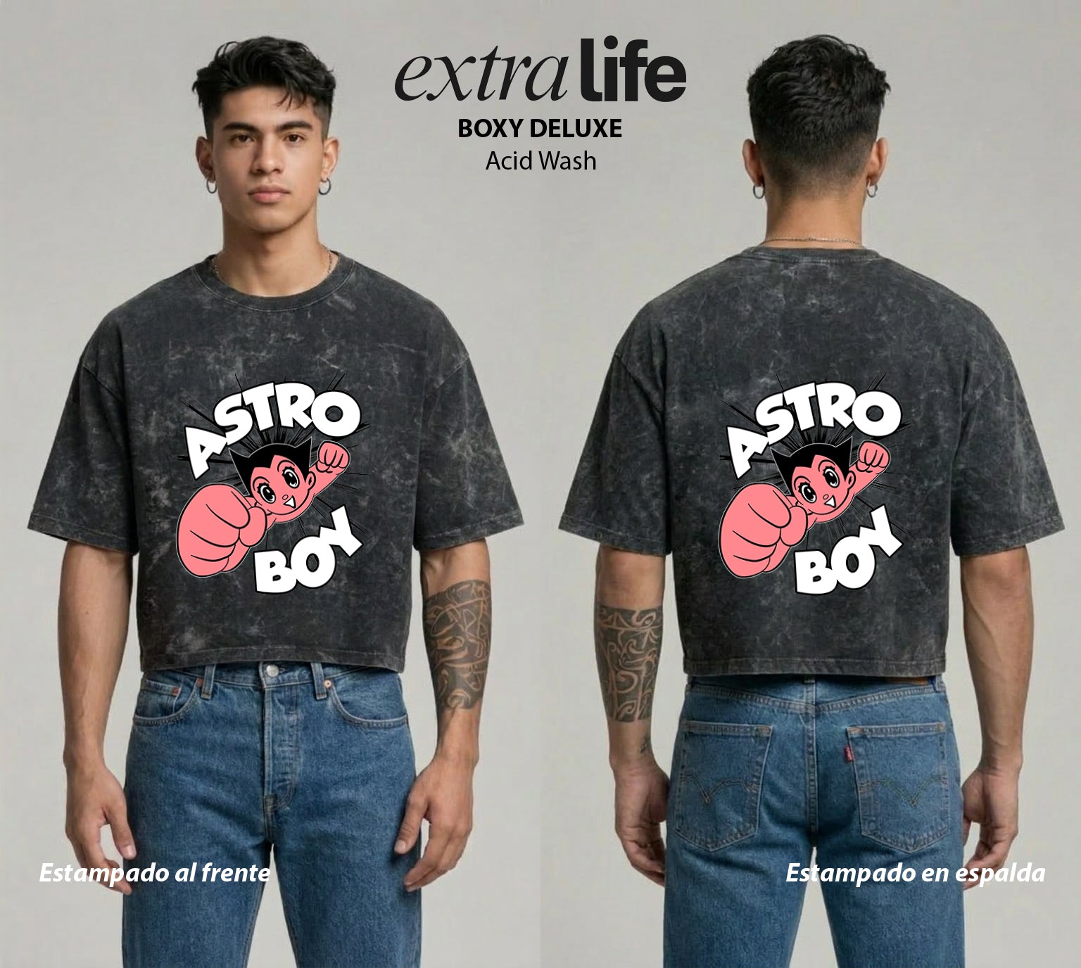 Playera streetwear premium de anime y gaming ExtraLife MX, corte boxy deluxe mineral wash heavyweight en color Acid Wash, moda urbana mexicana de culto.