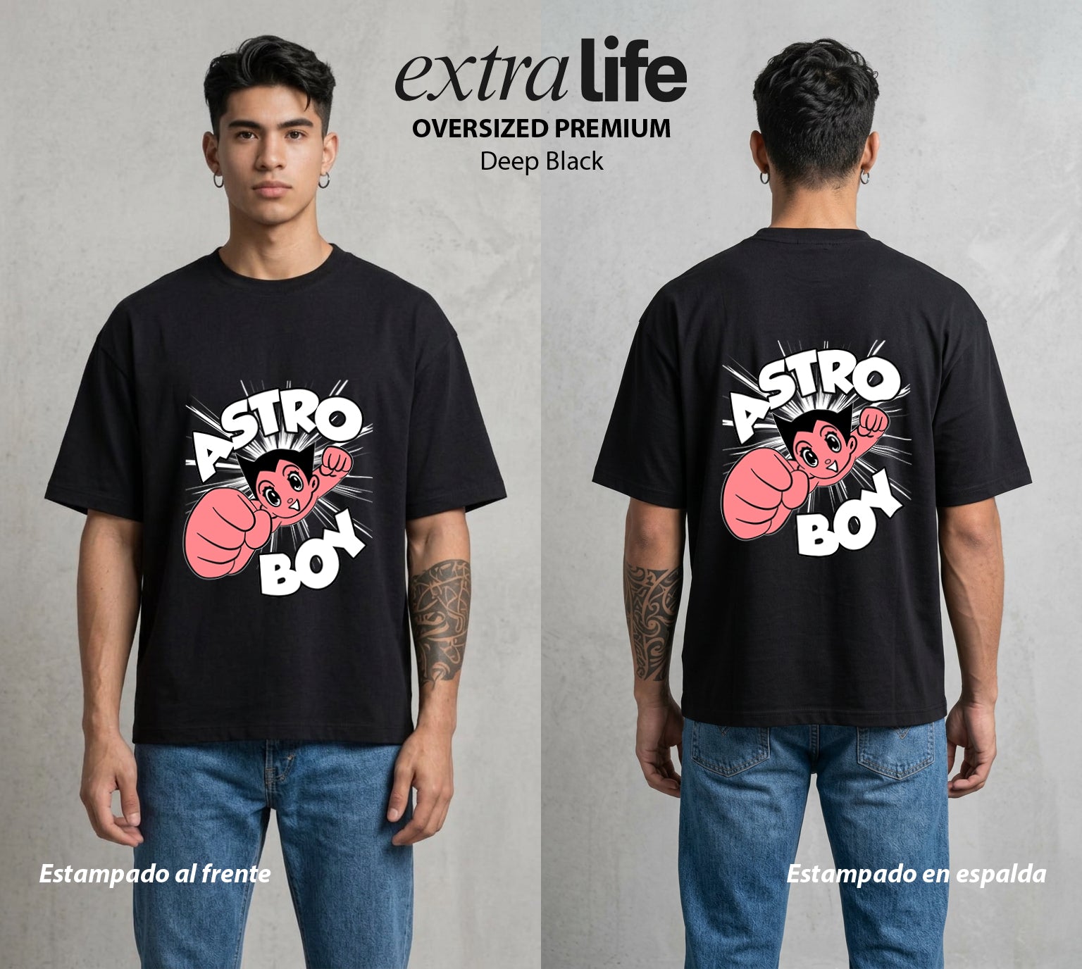 El Niño Robot | Corazón de Átomo #04718 - Playera Oversized Premium | Deep Black - Foto en modelo