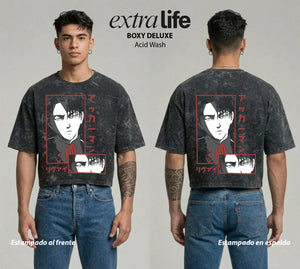 Playera streetwear premium de anime y gaming ExtraLife MX, corte boxy deluxe mineral wash heavyweight en color Acid Wash, moda urbana mexicana de culto.