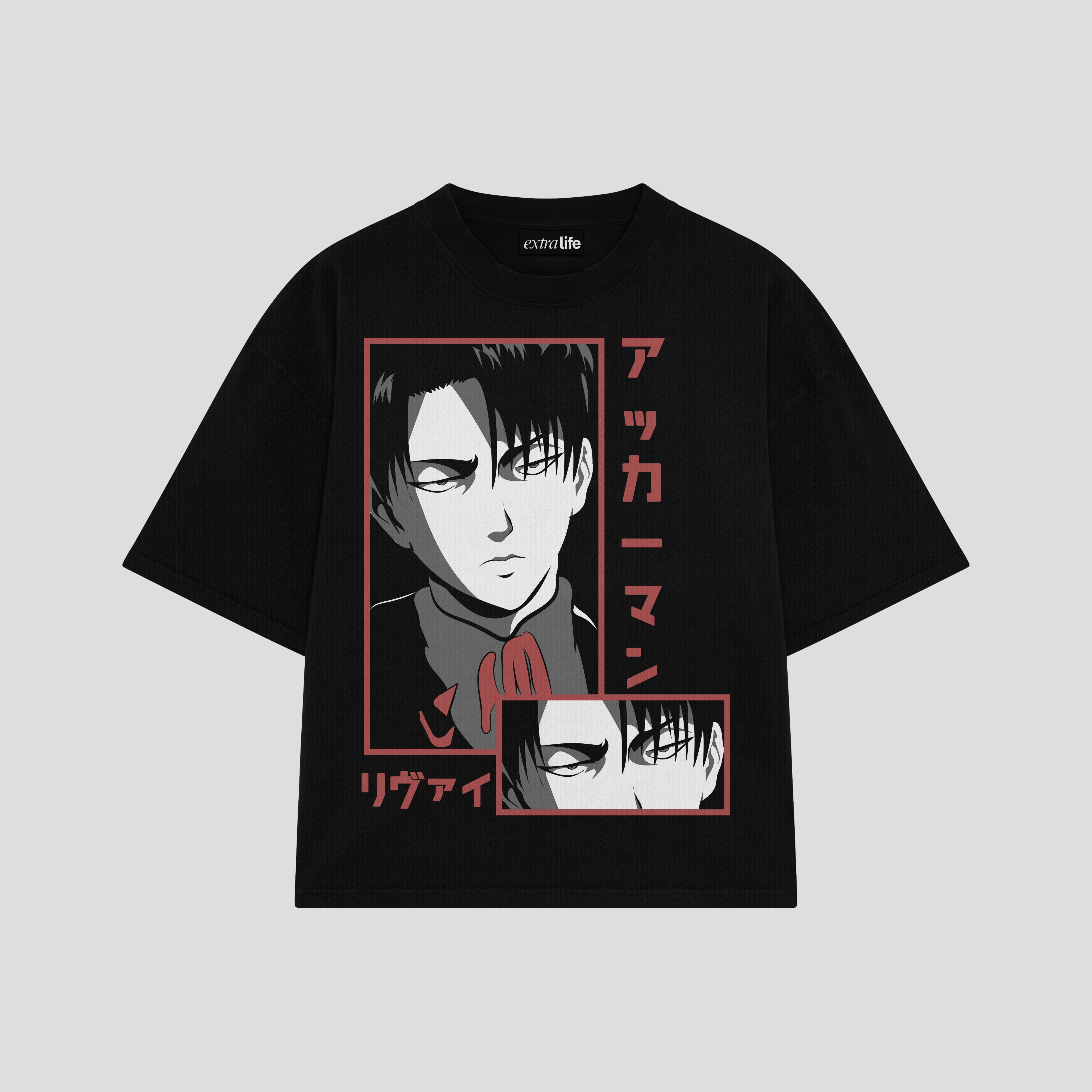 Playera streetwear premium de anime y gaming ExtraLife MX, corte boxy oversized drop shoulder heavyweight en color Deep Black y Off-White, moda urbana mexicana de culto.