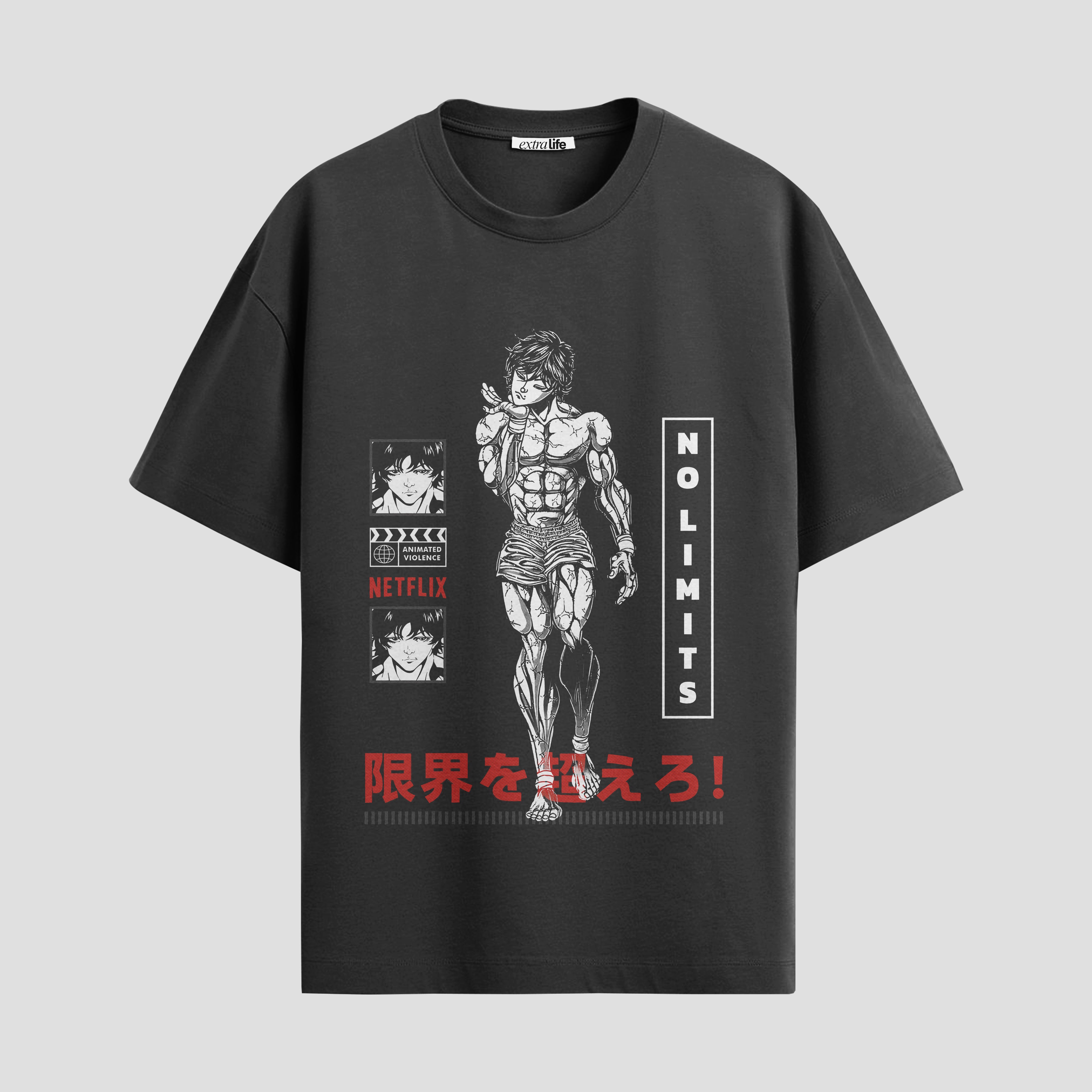Playera urbana de anime y gaming ExtraLife MX, corte Standard Fit unisex ligero y transpirable en color Deep Black y Pure White, ropa de uso diario para gym y casual.