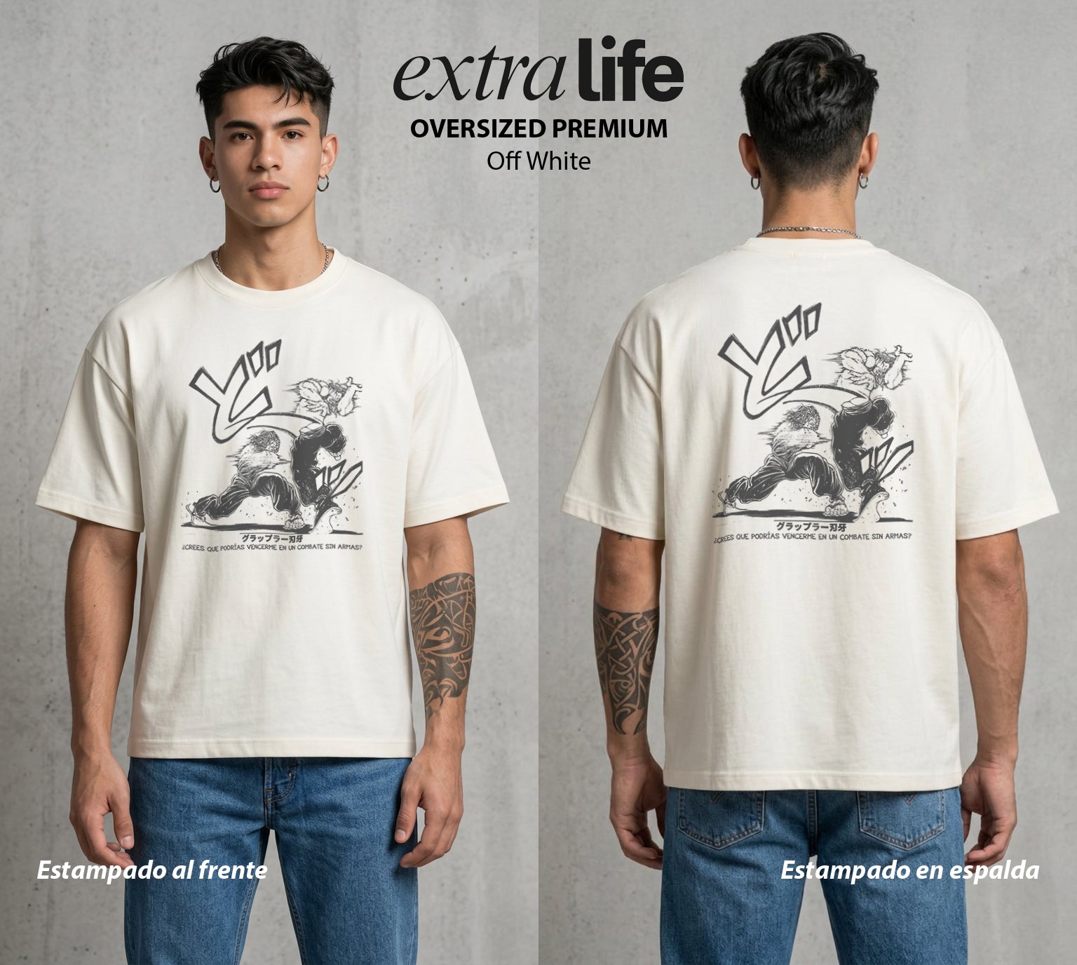 Los Combatientes del Submundo | Fuerza Pura Blanca #04722 - Playera Oversized Premium | Off White - Foto en modelo