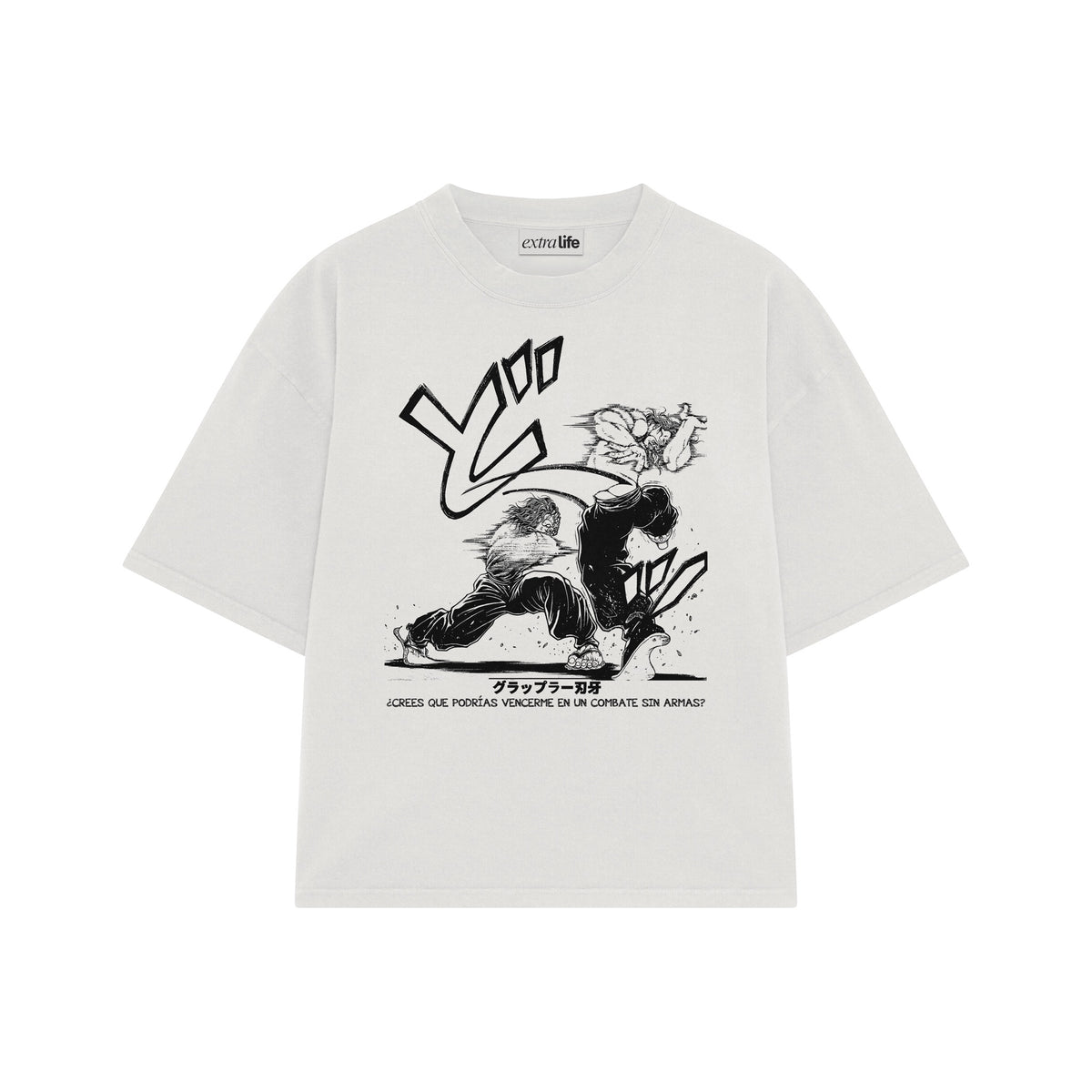 Playera streetwear premium de anime y gaming ExtraLife MX, corte oversized drop shoulder ligero y fresco en color Deep Black y Off-White, moda urbana mexicana de culto.