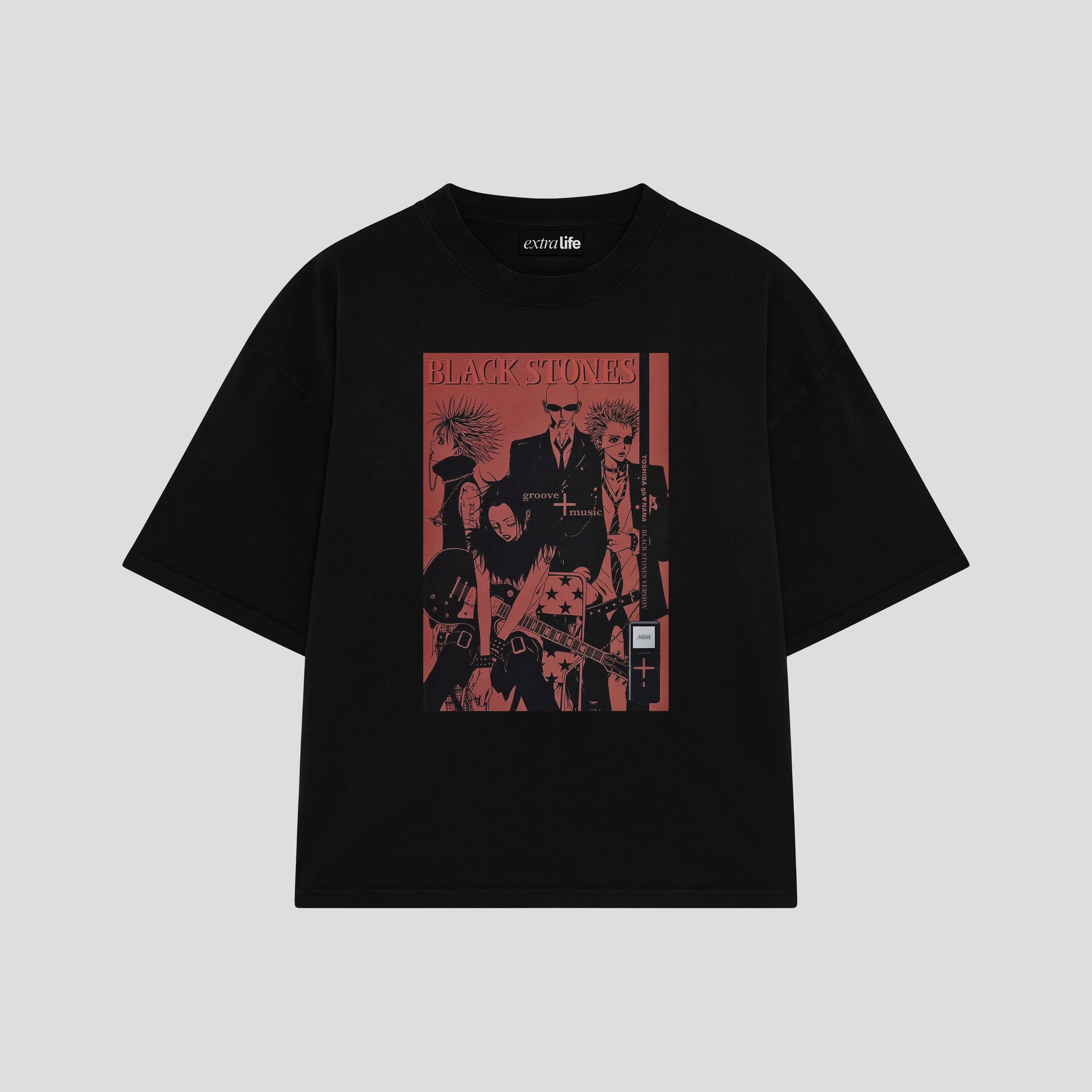Playera streetwear premium de anime y gaming ExtraLife MX, corte boxy oversized drop shoulder heavyweight en color Deep Black y Off-White, moda urbana mexicana de culto.