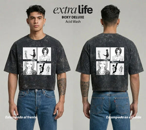 Playera streetwear premium de anime y gaming ExtraLife MX, corte boxy deluxe mineral wash heavyweight en color Acid Wash, moda urbana mexicana de culto.