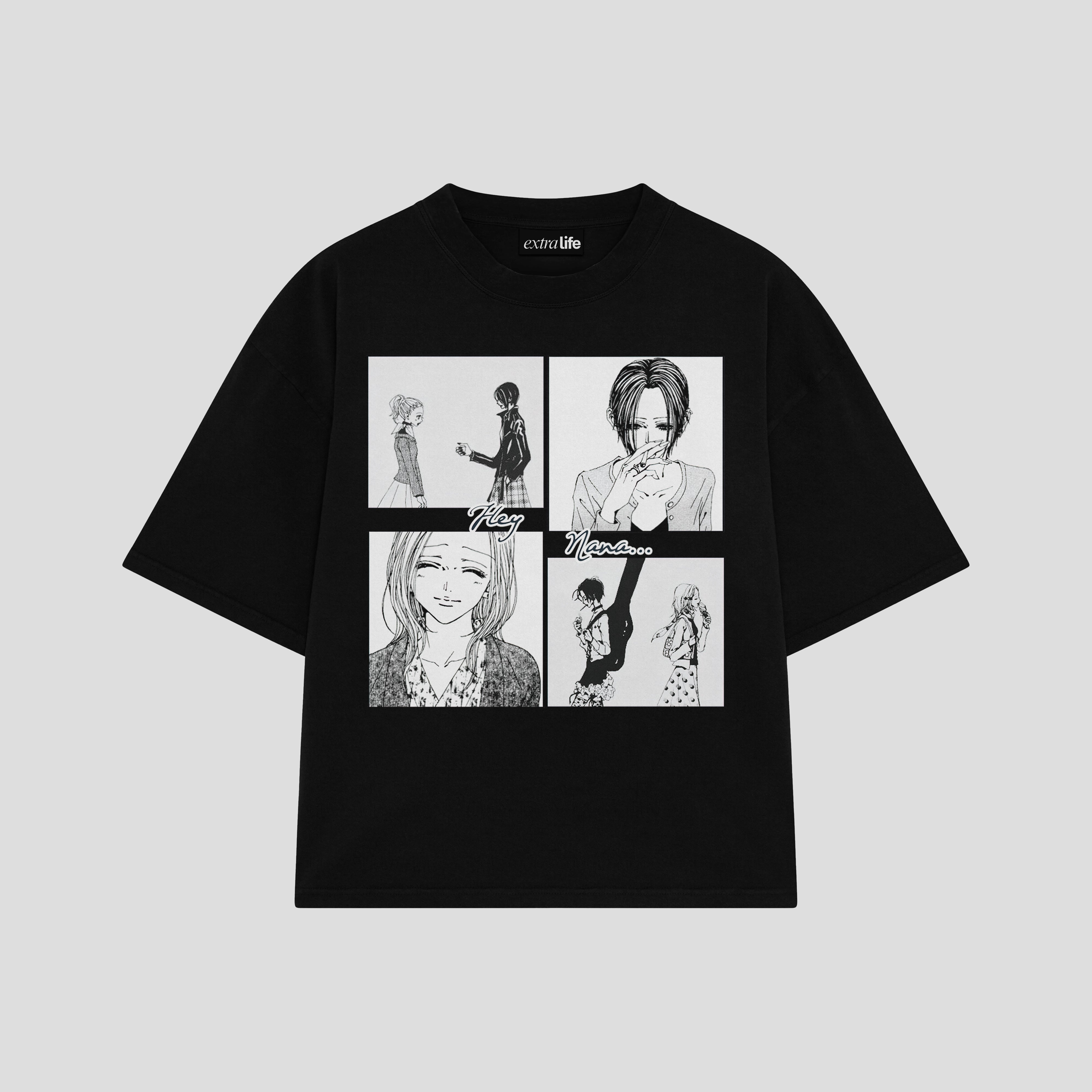 Playera streetwear premium de anime y gaming ExtraLife MX, corte boxy oversized drop shoulder heavyweight en color Deep Black y Off-White, moda urbana mexicana de culto.
