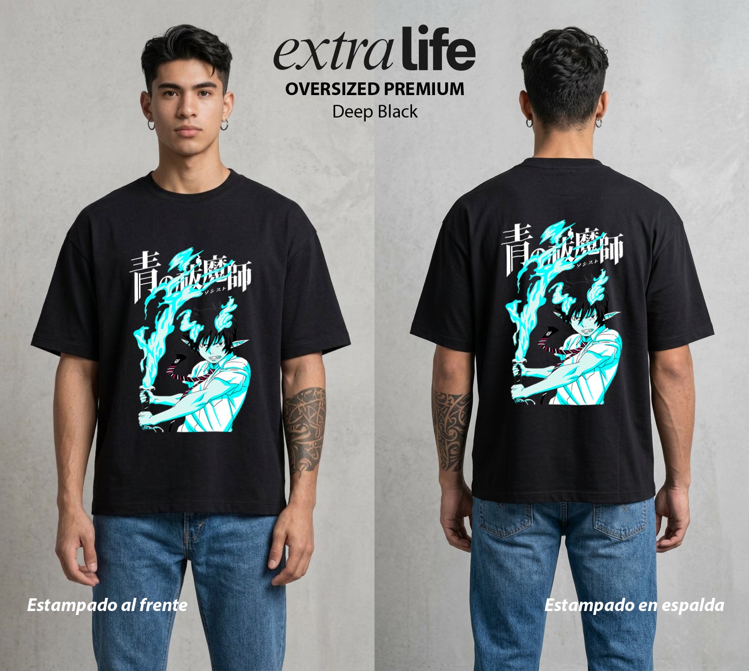 El Hijo del Diablo | Llama Azul Exorcista I #04730 - Playera Oversized Premium | Deep Black - Foto en modelo
