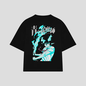 Playera streetwear premium de anime y gaming ExtraLife MX, corte boxy oversized drop shoulder heavyweight en color Deep Black y Off-White, moda urbana mexicana de culto.