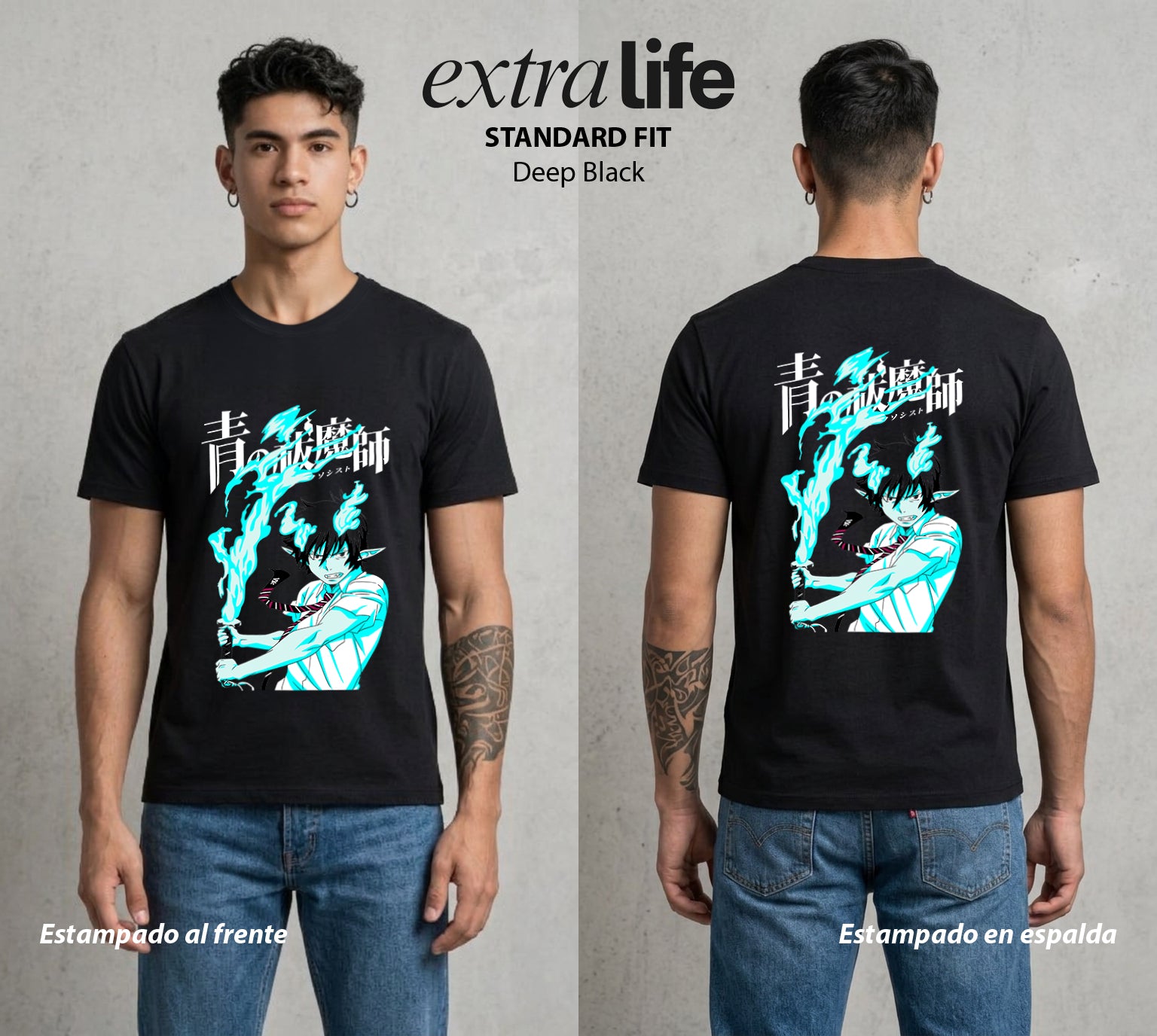 El Hijo del Diablo | Llama Azul Exorcista I #04730 - Playera Standard Fit | Deep Black - Foto en modelo