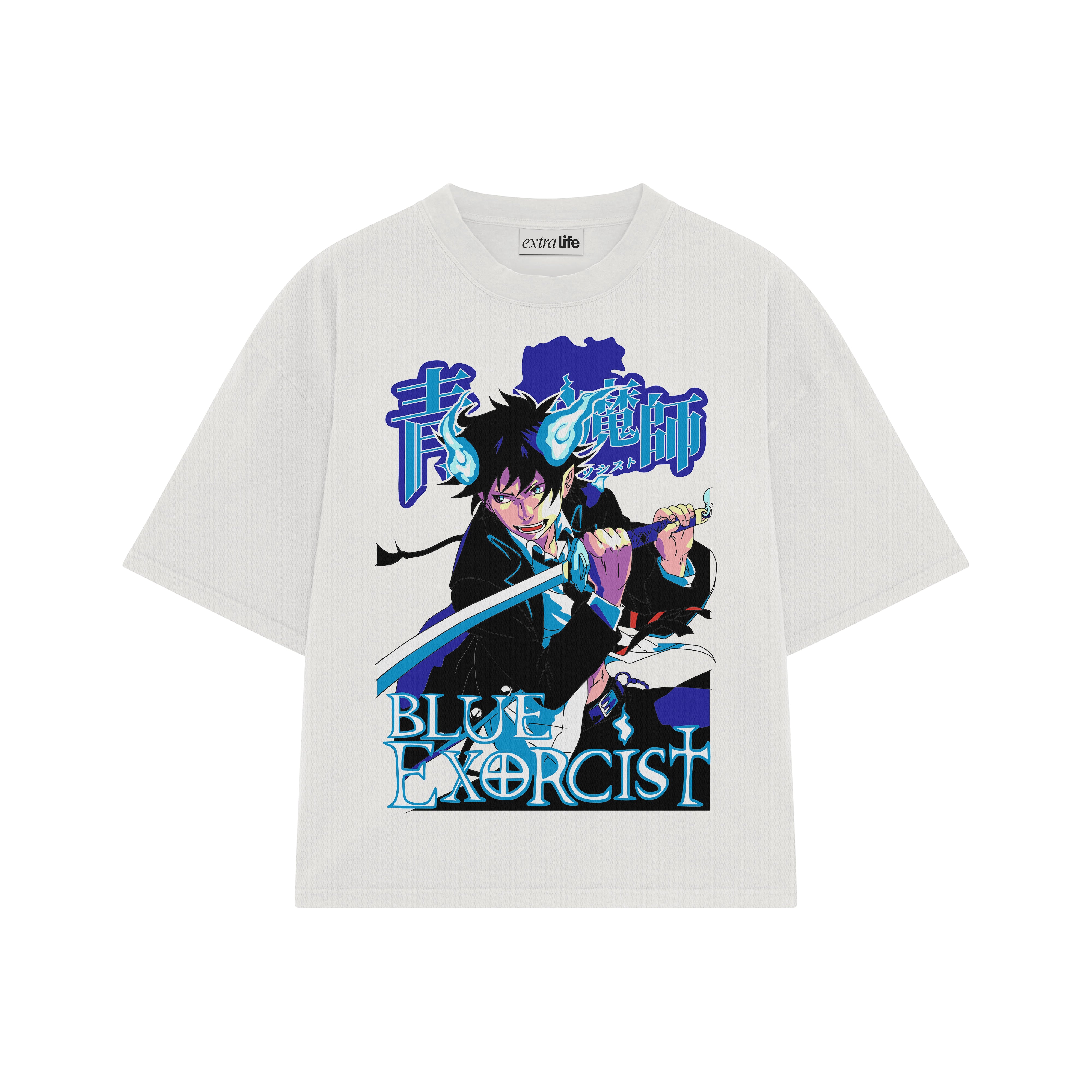 Playera streetwear premium de anime y gaming ExtraLife MX, corte boxy oversized drop shoulder heavyweight en color Deep Black y Off-White, moda urbana mexicana de culto.