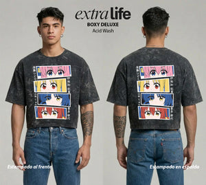 Playera streetwear premium de anime y gaming ExtraLife MX, corte boxy deluxe mineral wash heavyweight en color Acid Wash, moda urbana mexicana de culto.