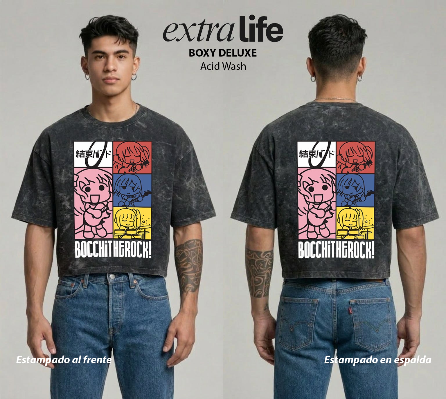Playera streetwear premium de anime y gaming ExtraLife MX, corte boxy deluxe mineral wash heavyweight en color Acid Wash, moda urbana mexicana de culto.