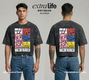 Playera streetwear premium de anime y gaming ExtraLife MX, corte boxy deluxe mineral wash heavyweight en color Acid Wash, moda urbana mexicana de culto.