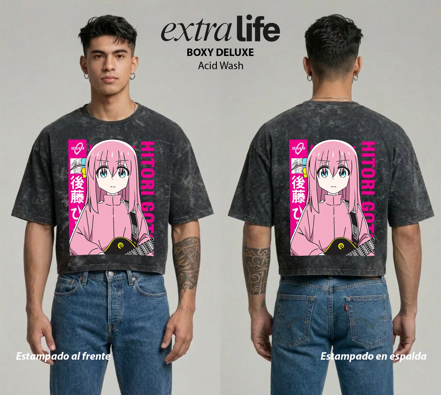 Playera streetwear premium de anime y gaming ExtraLife MX, corte boxy deluxe mineral wash heavyweight en color Acid Wash, moda urbana mexicana de culto.