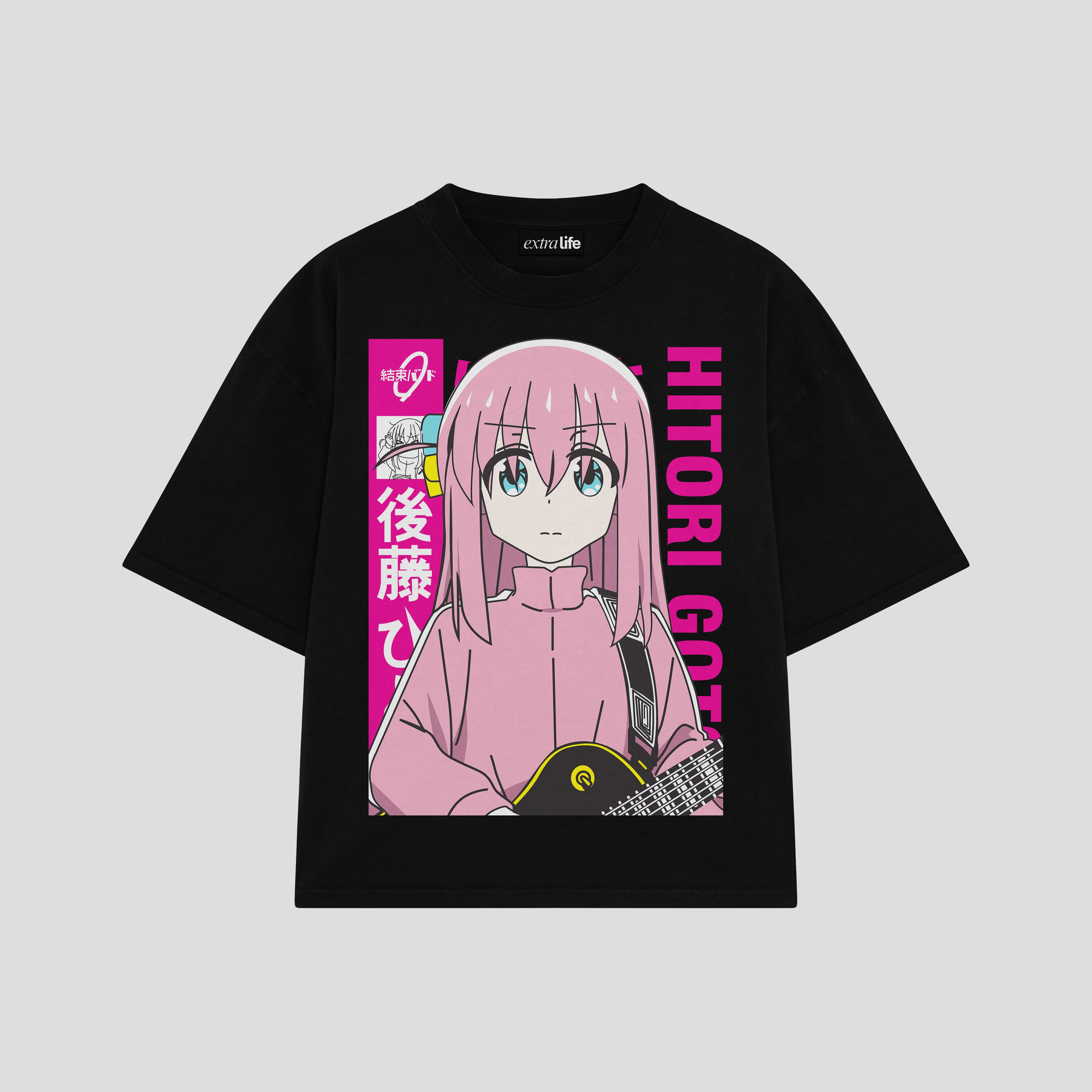 Playera streetwear premium de anime y gaming ExtraLife MX, corte boxy oversized drop shoulder heavyweight en color Deep Black y Off-White, moda urbana mexicana de culto.