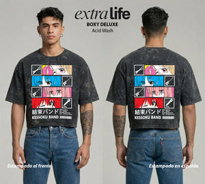 Playera streetwear premium de anime y gaming ExtraLife MX, corte boxy deluxe mineral wash heavyweight en color Acid Wash, moda urbana mexicana de culto.