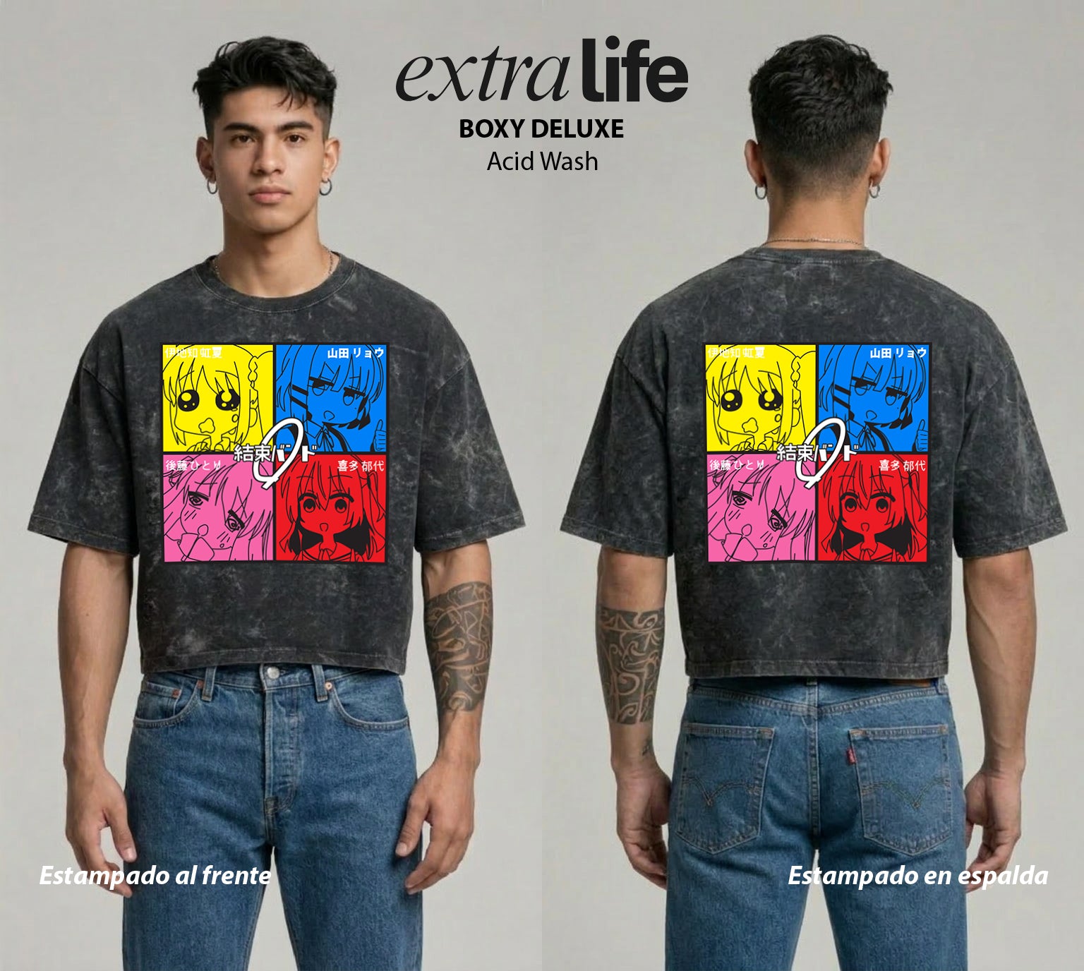 Playera streetwear premium de anime y gaming ExtraLife MX, corte boxy deluxe mineral wash heavyweight en color Acid Wash, moda urbana mexicana de culto.