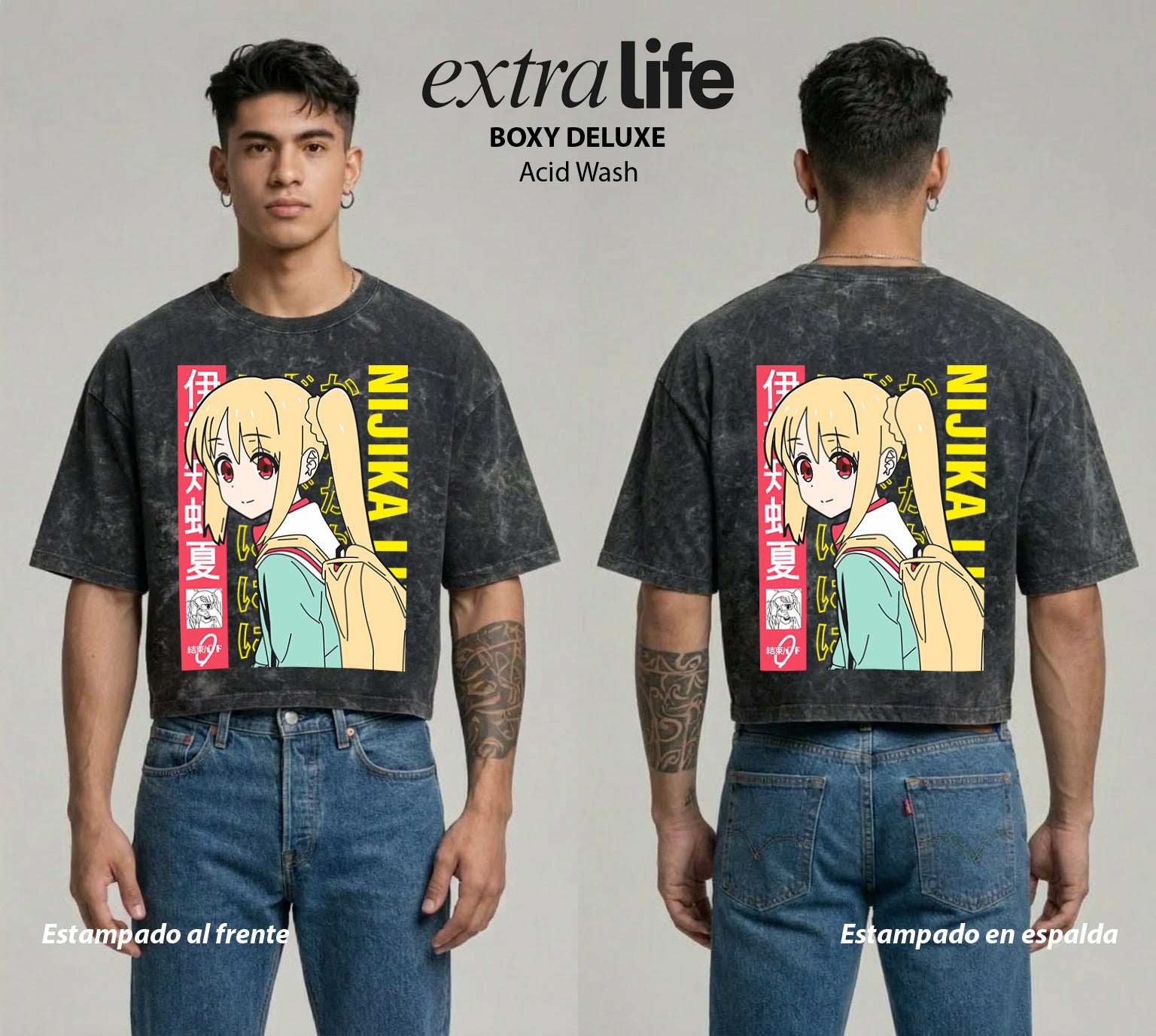 Playera streetwear premium de anime y gaming ExtraLife MX, corte boxy deluxe mineral wash heavyweight en color Acid Wash, moda urbana mexicana de culto.