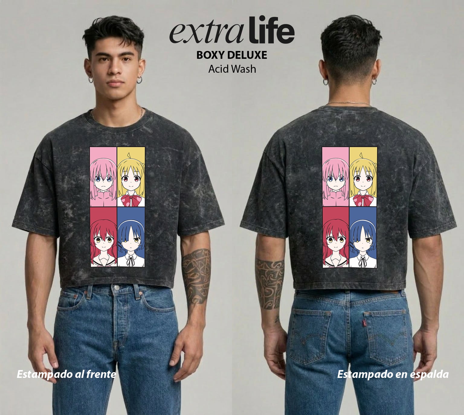 Playera streetwear premium de anime y gaming ExtraLife MX, corte boxy deluxe mineral wash heavyweight en color Acid Wash, moda urbana mexicana de culto.