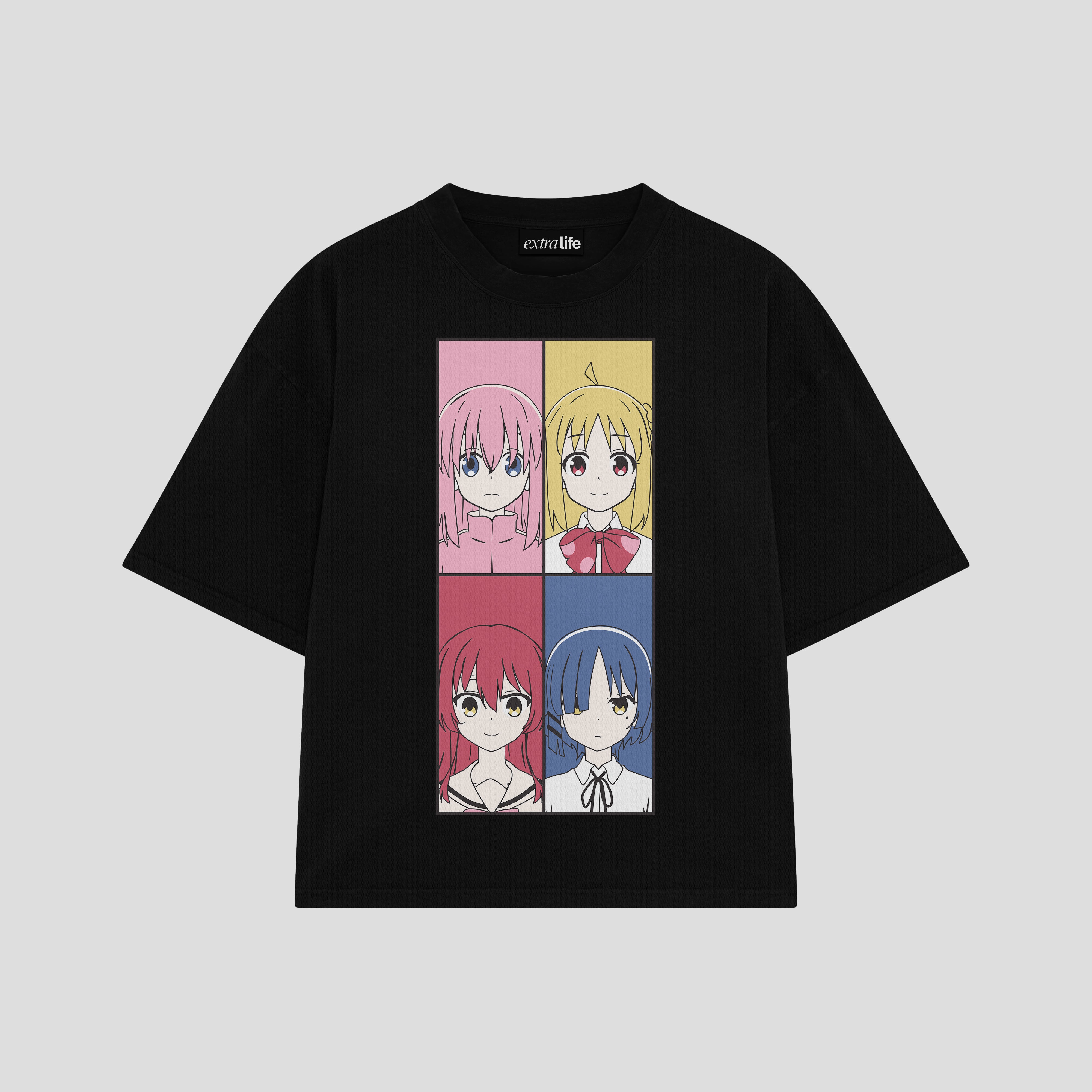 Playera streetwear premium de anime y gaming ExtraLife MX, corte boxy oversized drop shoulder heavyweight en color Deep Black y Off-White, moda urbana mexicana de culto.