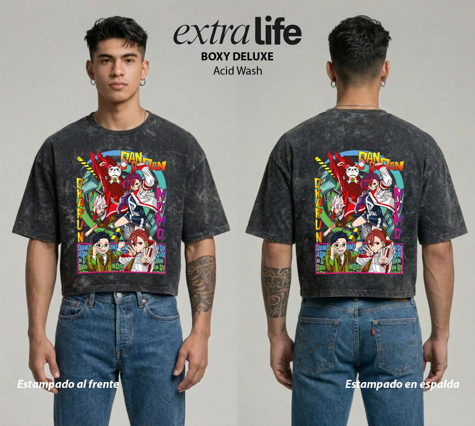 Playera streetwear premium de anime y gaming ExtraLife MX, corte boxy deluxe mineral wash heavyweight en color Acid Wash, moda urbana mexicana de culto.