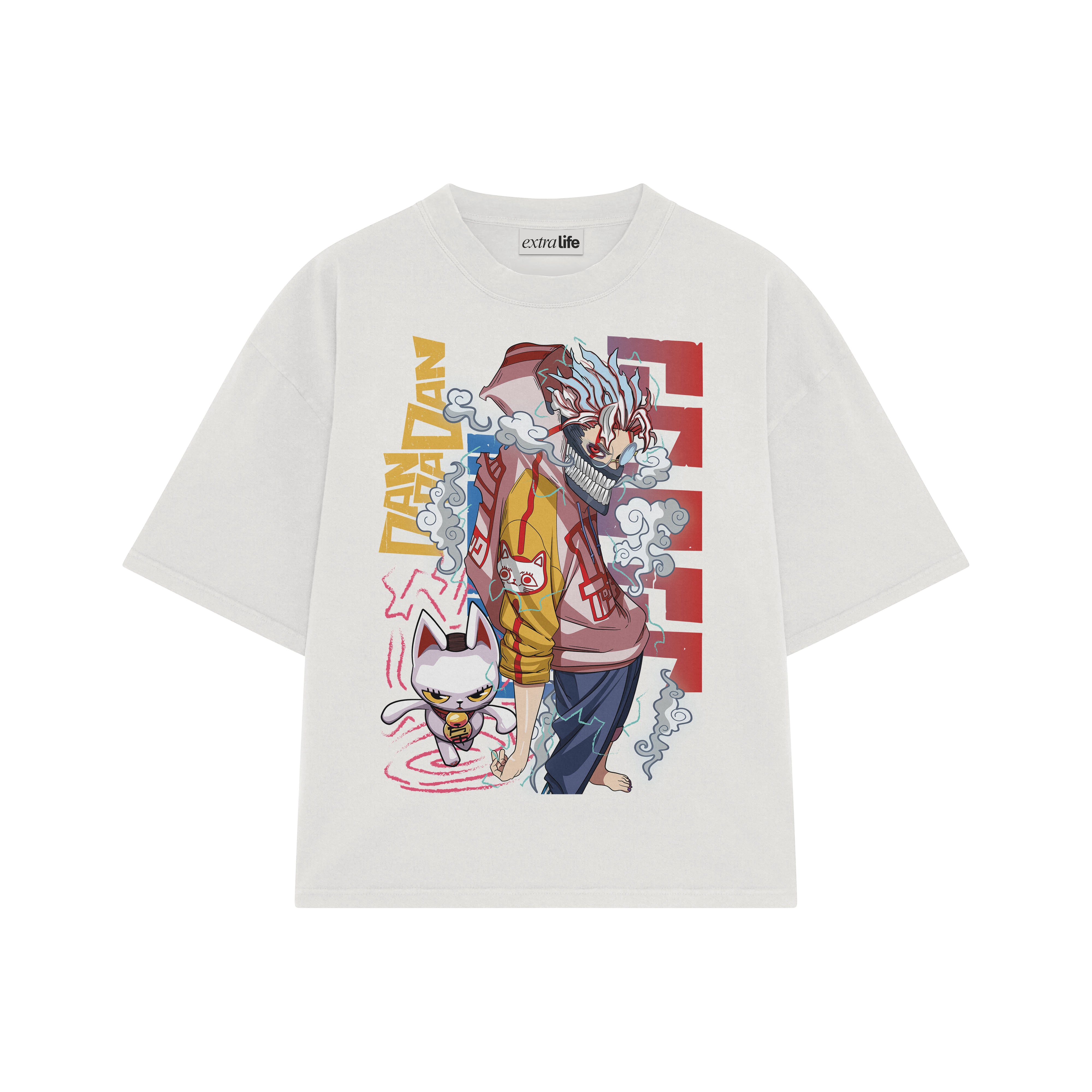 Playera streetwear premium de anime y gaming ExtraLife MX, corte boxy oversized drop shoulder heavyweight en color Deep Black y Off-White, moda urbana mexicana de culto.