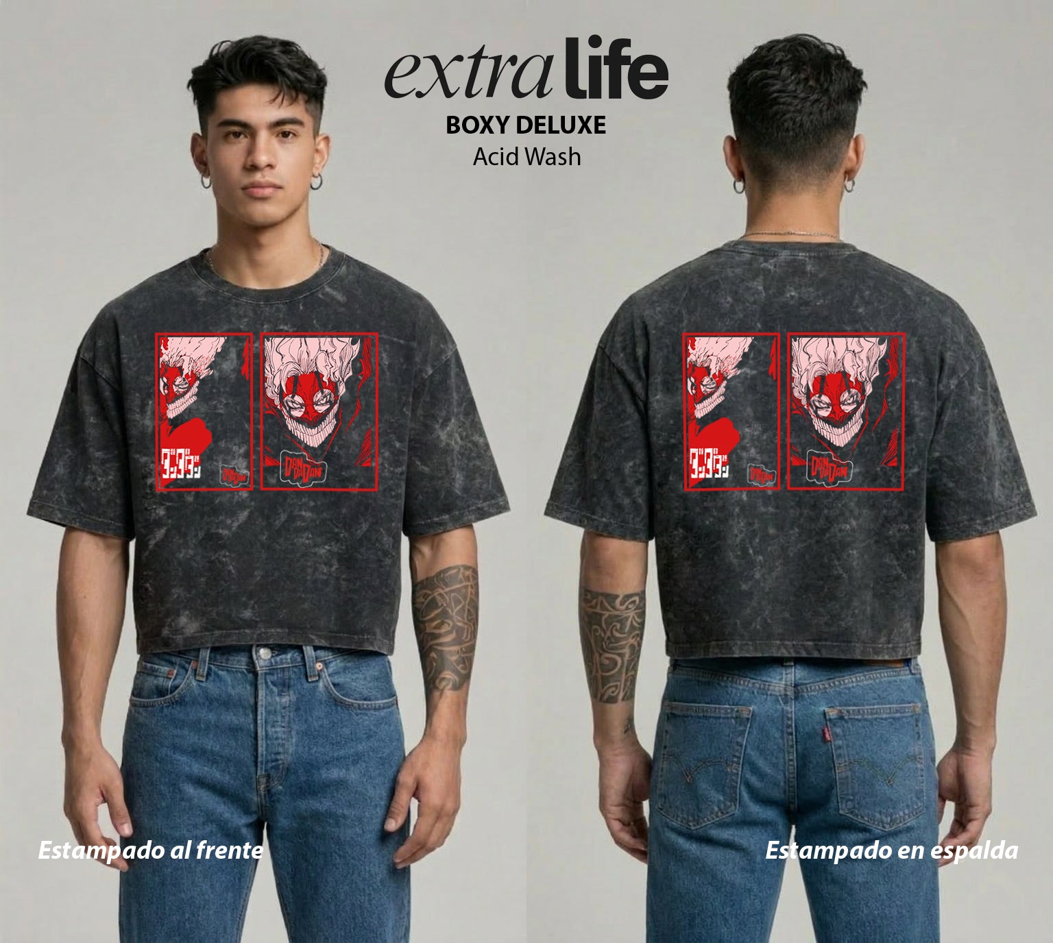 Playera streetwear premium de anime y gaming ExtraLife MX, corte boxy deluxe mineral wash heavyweight en color Acid Wash, moda urbana mexicana de culto.