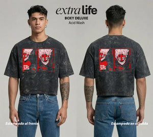 Playera streetwear premium de anime y gaming ExtraLife MX, corte boxy deluxe mineral wash heavyweight en color Acid Wash, moda urbana mexicana de culto.