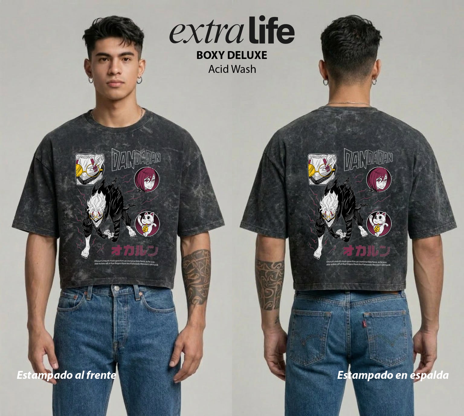 Playera streetwear premium de anime y gaming ExtraLife MX, corte boxy deluxe mineral wash heavyweight en color Acid Wash, moda urbana mexicana de culto.