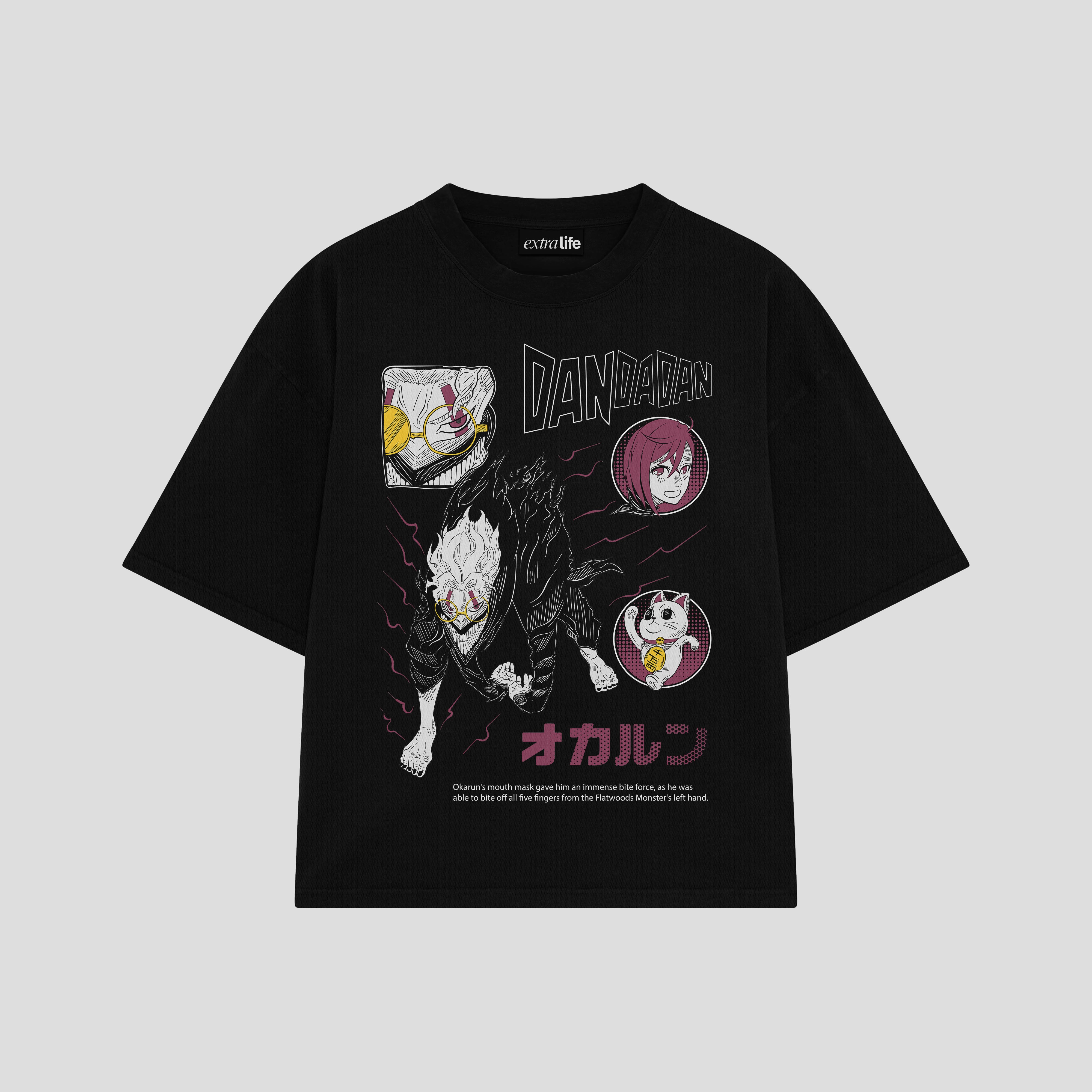 Playera streetwear premium de anime y gaming ExtraLife MX, corte boxy oversized drop shoulder heavyweight en color Deep Black y Off-White, moda urbana mexicana de culto.